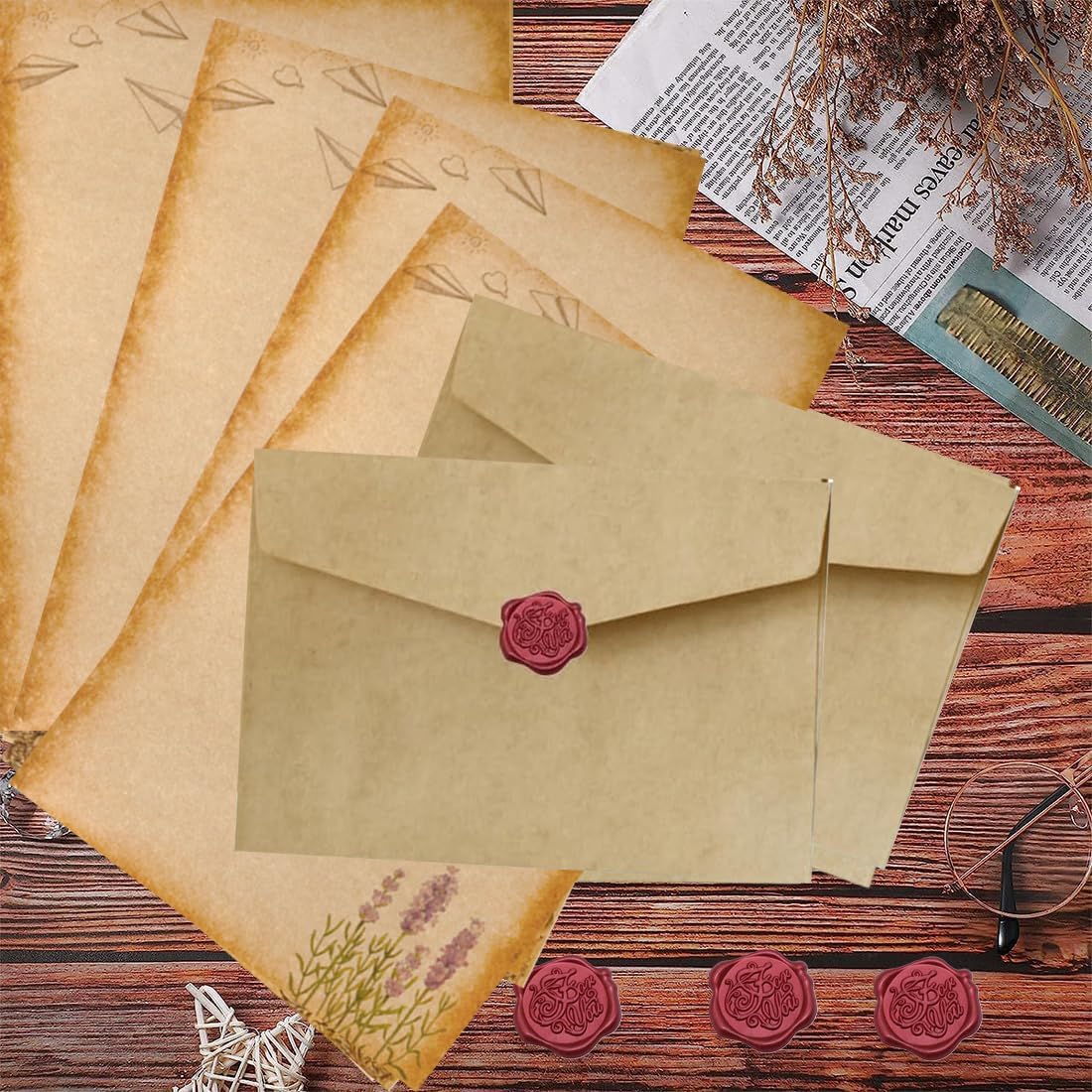 Zestaw papeterii listowej w stylu vintage z kopertą, zestaw 10 kopert papierowych w stylu vintage, 16 papeterii w stylu vintage A5 i 10 woskowych pieczęci, eleganckie naklejki na zaproszenia ślubne