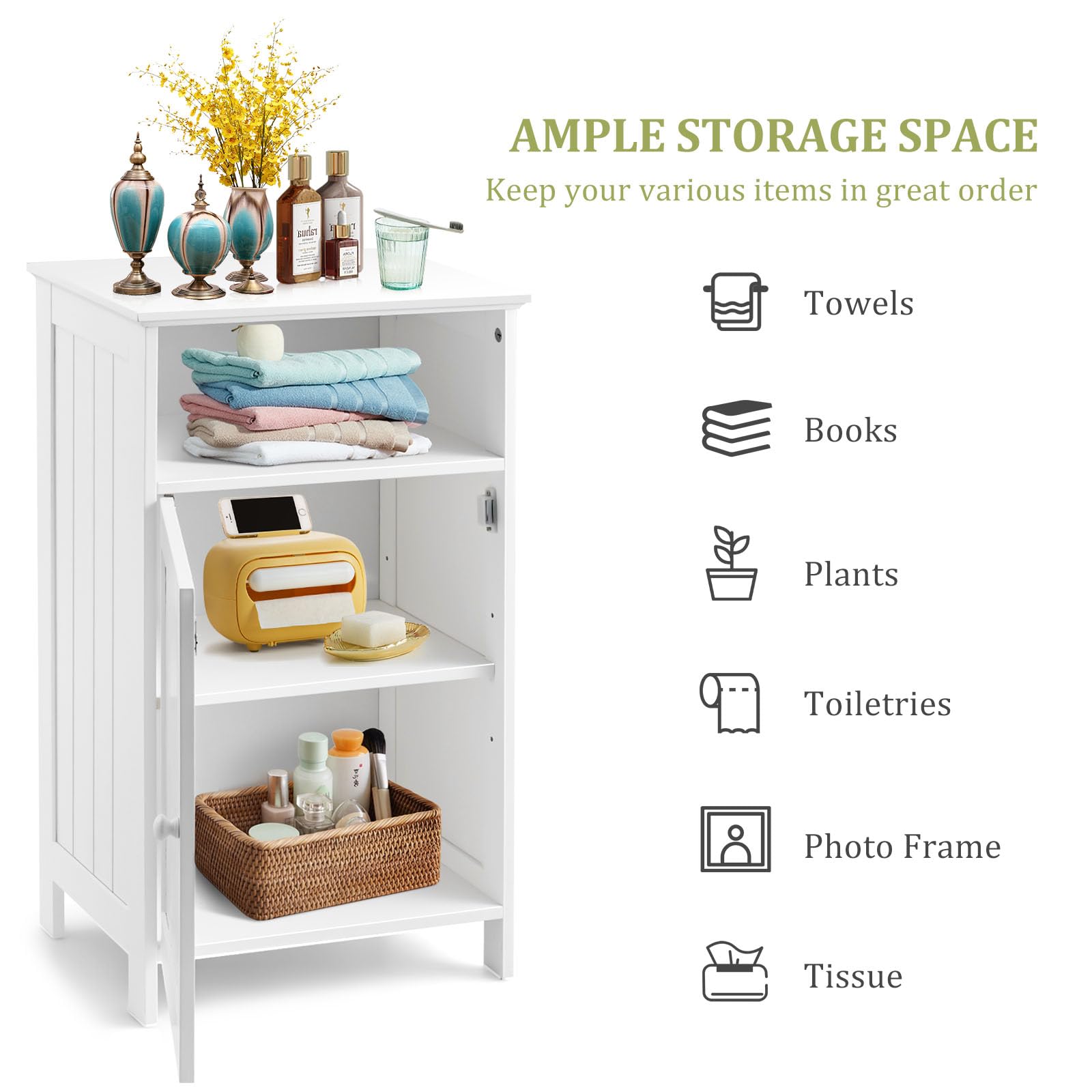 LIFEZEAL Armario de Baño con Puerta y Estante Ajustable (Blanco) | Mueble Organizador Independiente de Madera para Cocina y Sala de Estar, 40 x 30 x 70 cm