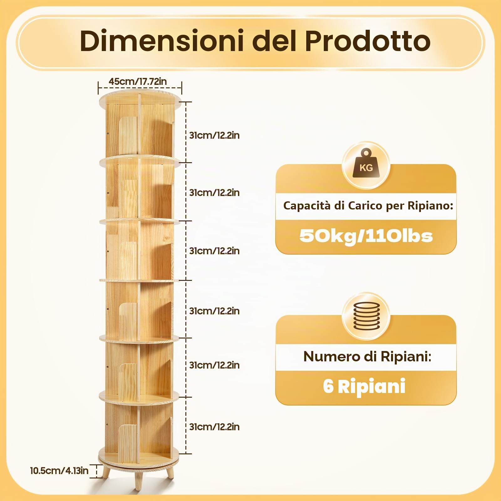 Libreria girevole, 6 ripiani, scaffale girevole in legno, grande spazio di archiviazione, design speciale, per riporre libri, souvenir, oggetti espositivi