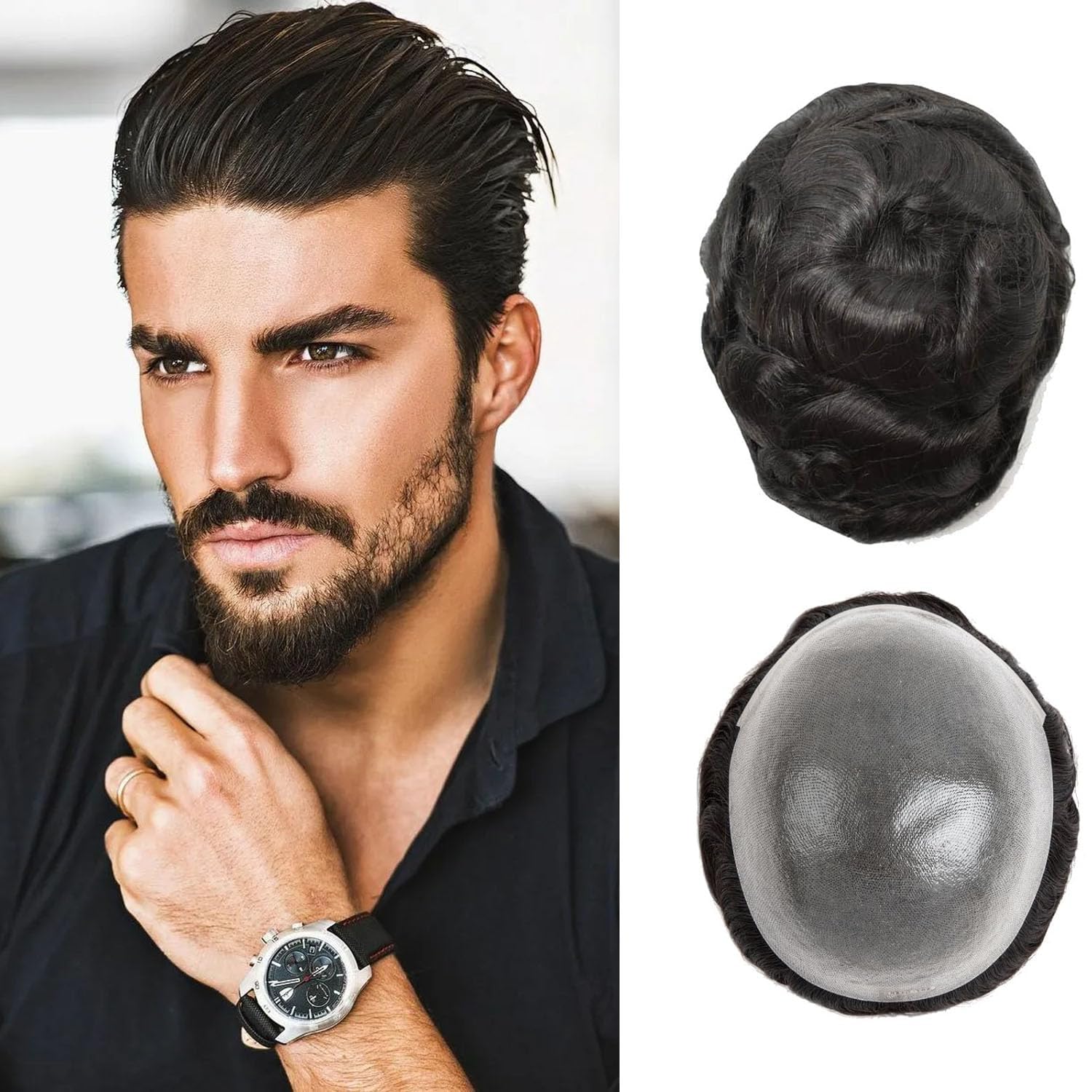 Toupee For Men 0.1mm Poly Skin Human Hair System For Men Men'S Toupee V-Loop Knots Durable Pu Toupee Human Hair Mens Wig Base Size 8X10 Inch 120% Density (#1B)