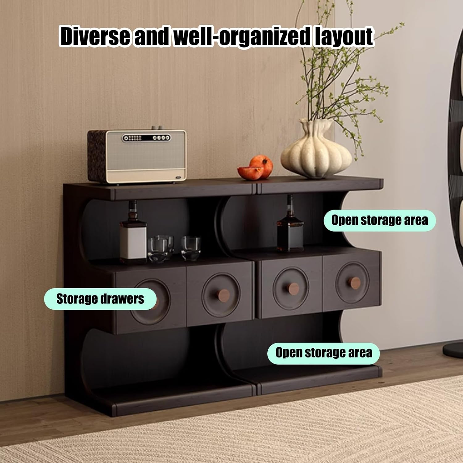 Retro Black Buffet Cabinet, Sideboard Buffet Cabinet with Drawers, Accent Sideboard and Credenza, Wood Coffee Bar Console Table, Hutch Cupboard for Kitchen, Living Room