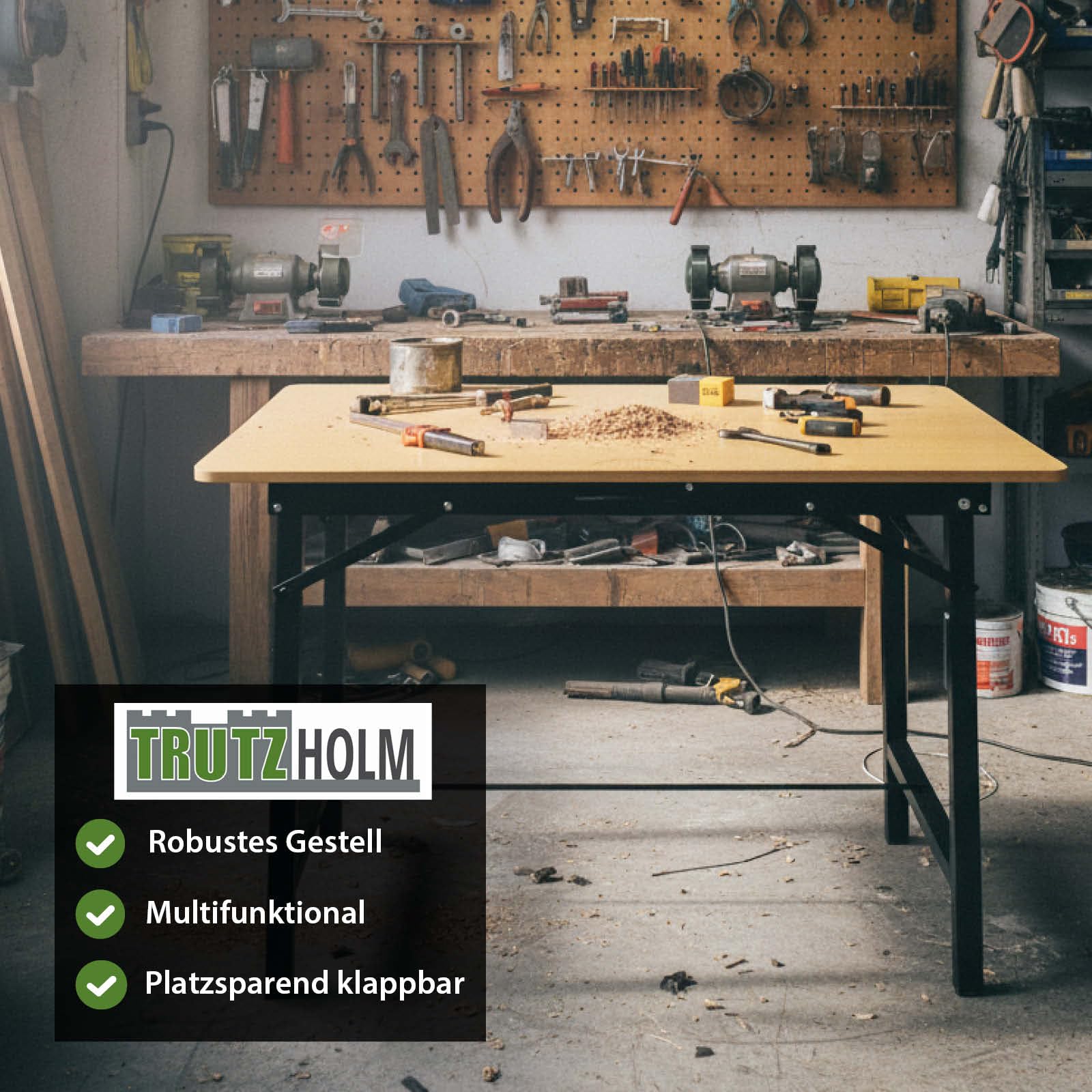 TRUTZHOLM Werkbank 100 x 60 x 75 cm klappbar Werktisch 150 kg belastbar, Arbeitsplatte mit Lineal und Winkelmesser, linierter Arbeitstisch mit Tragegriff Arbeitsbank Werkstatteinrichtung