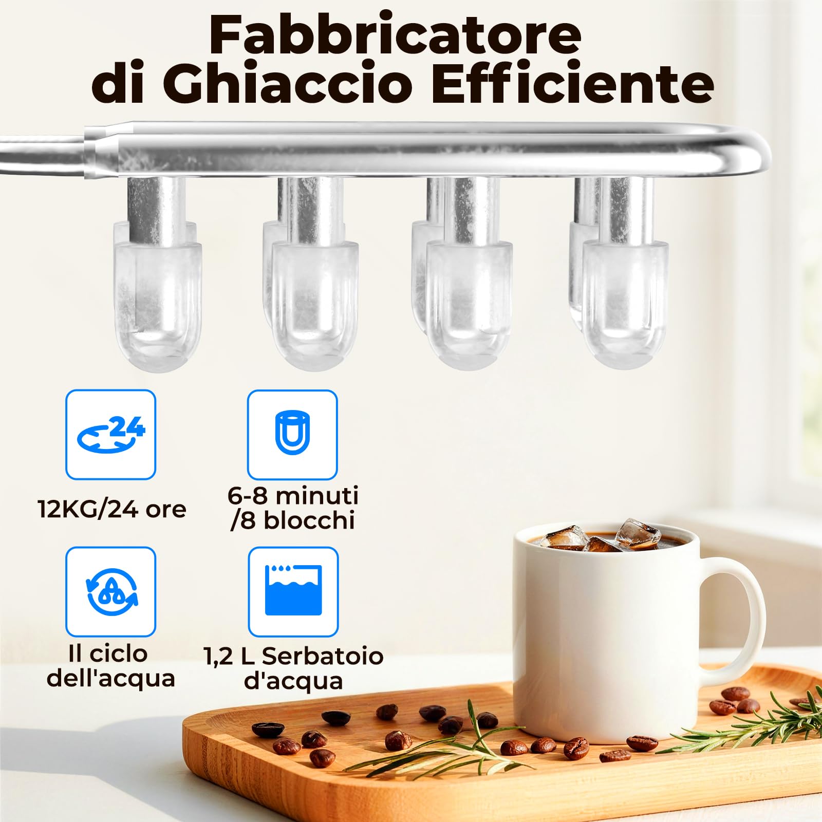 Macchina del Ghiaccio per Casa 12kg/24h, Autopulente Ice maker Silenzioso, S/L Ghiaccio, 8 Cubetti 6-8 Minuti, con Maniglia/Paletta/Cestello, per Cucina/Ufficio/Feste, Nero
