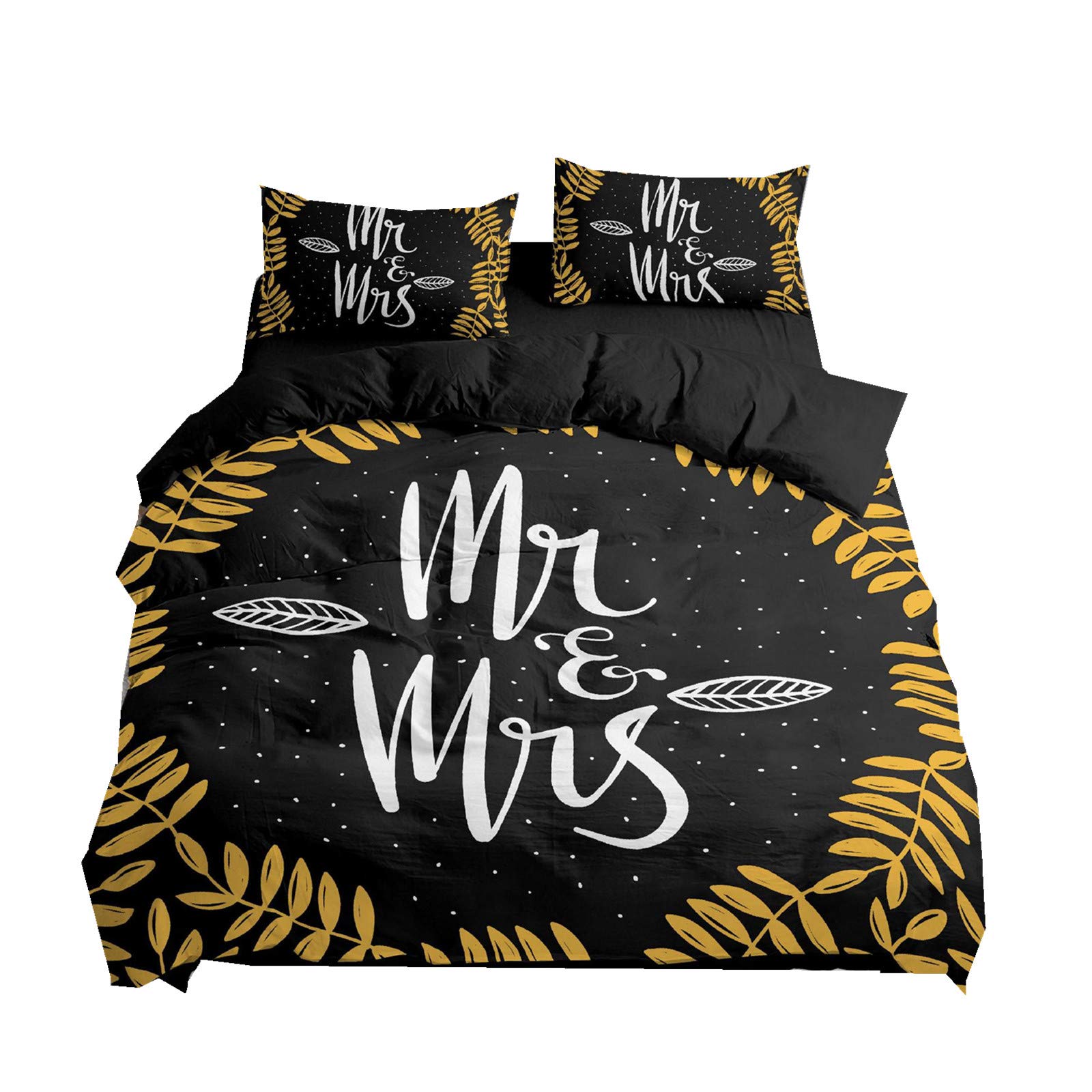 3 Pieces Bedding Set Mr. & Mrs. White Black Gold Leaf Brown Pink Romantic Couples Marriage Love Printing Comfortable Double Bedding Microfiber Duvet Cover and Pillowcase (Brown, 230x260 cm)