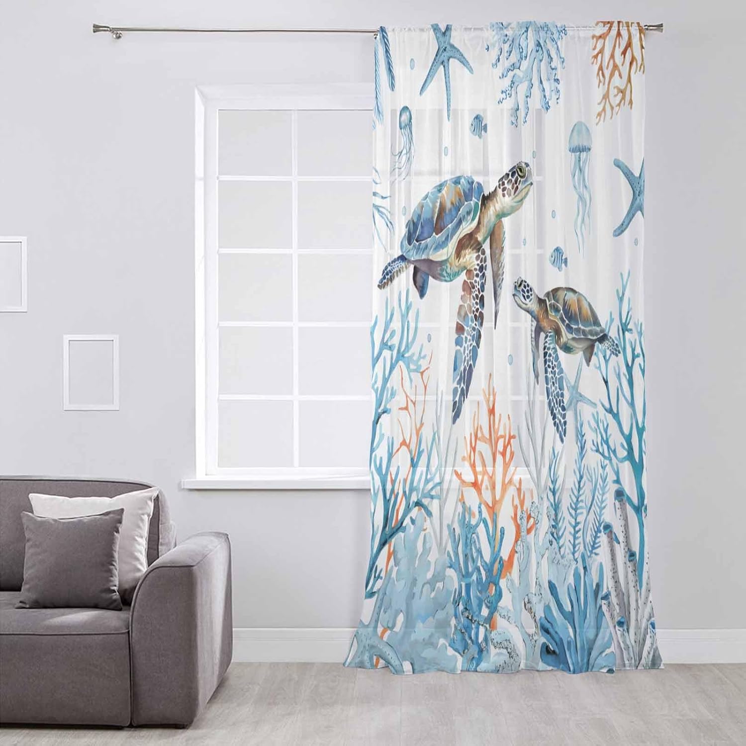 Coastal Turtle Coral Window Curtains 72 Inches Long,Semi Sheer Rod Pocket Chiffon Curtains & Drapes Drapery Voile Draperies for Living Room/Bedroom/Kitchen,Seaside Starfish Fish Jellyfish Blue
