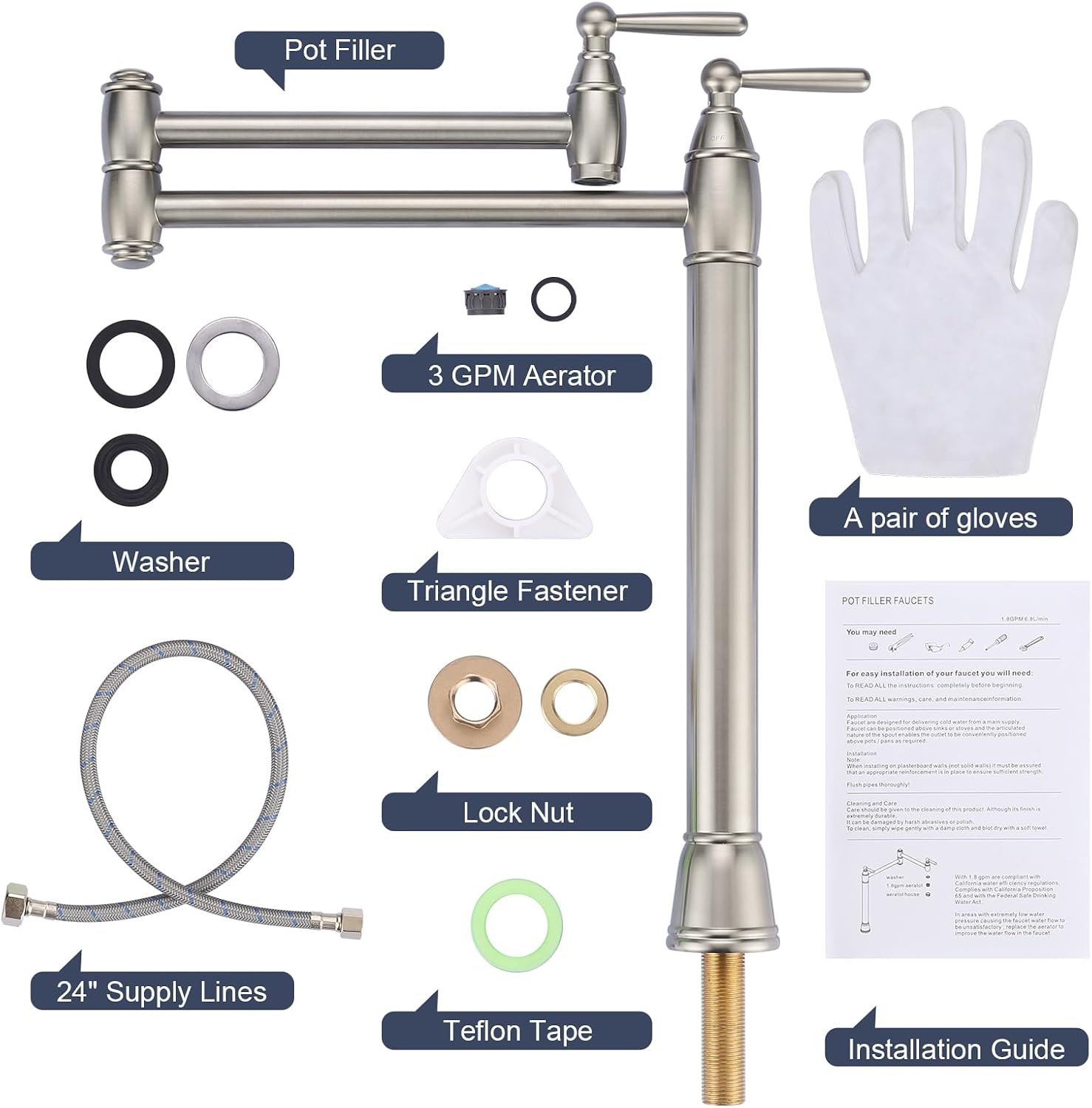 Pot Filler Deck Mount, ARCORA Pot Filler Brushed Nickel Kitchen Folding Faucet 2 Handle with Stretchable Double Joint Swing Arms Brass Stove Faucet