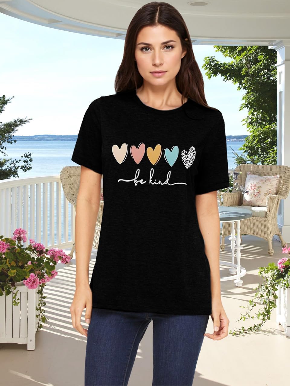 Savarana Graphic Tees for Women Be Kind Letter Print Shirts Funny Love Heart T Shirt Inspirational Happy Short Sleeve Tops - Image 2