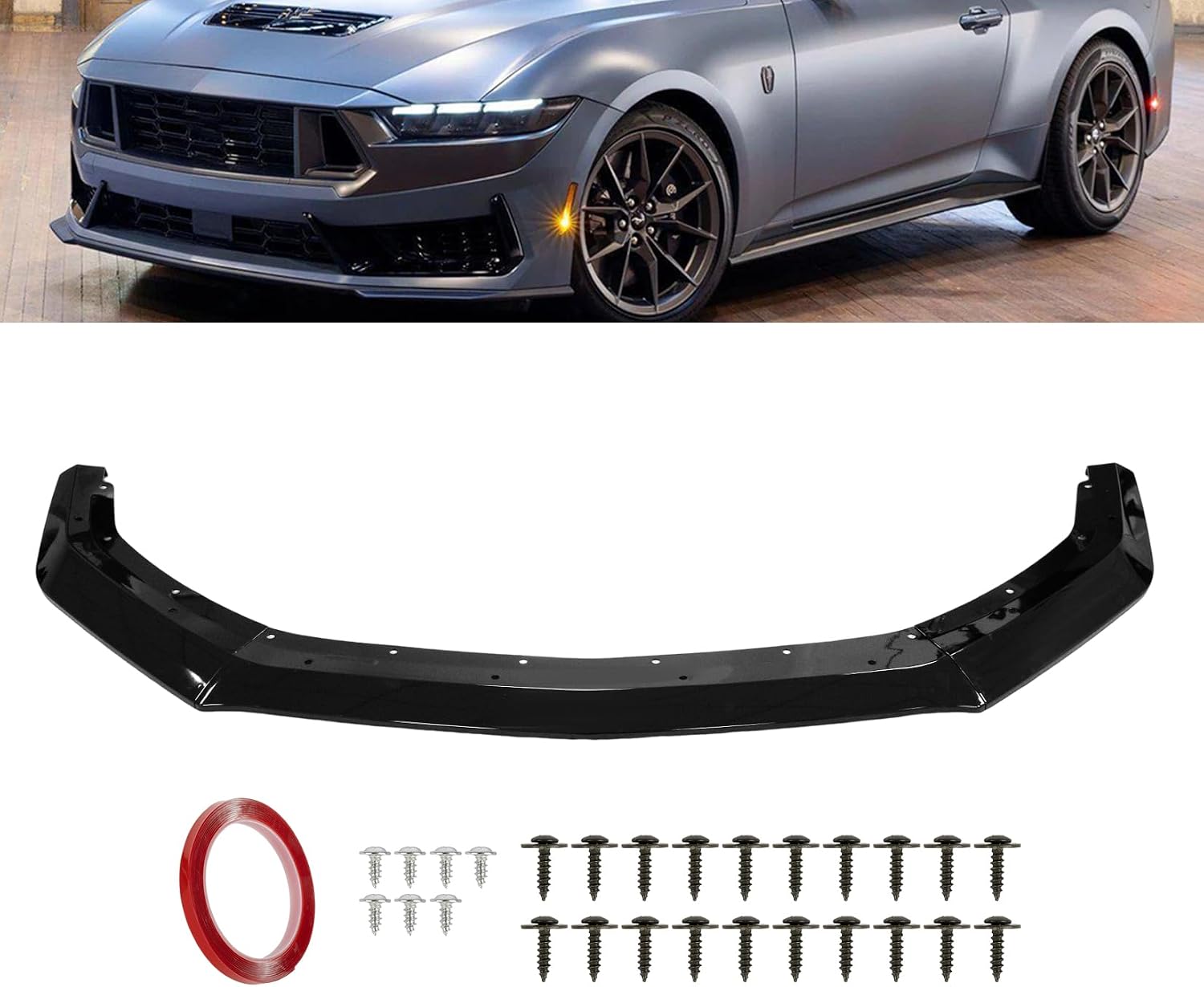 Front Bumper Lip Spoiler for Mustang GT EcoBoost 2024 2025, 3-Piece Front Lip Spoilers Air Chin Body Splitter, Not for Dark Horse (Bright Black)