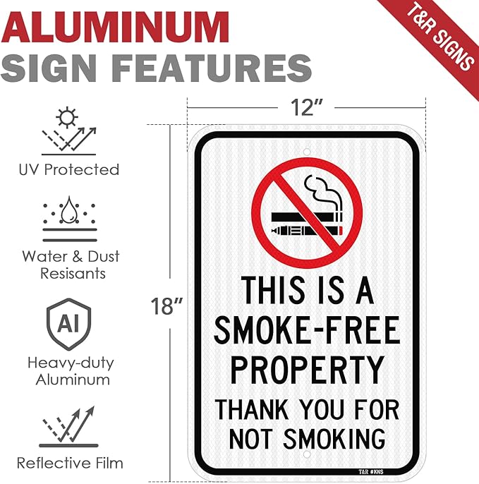 T&R (2 Pack) Large No Smoking Sign, Thank You For Not Smoking Sign, 18" x 12" Engineer Grade Reflective Sheeting, Rust Free Aluminum, Weather Resistant, Waterproof, Fade Resistant, 2 Pre-drilled Holes