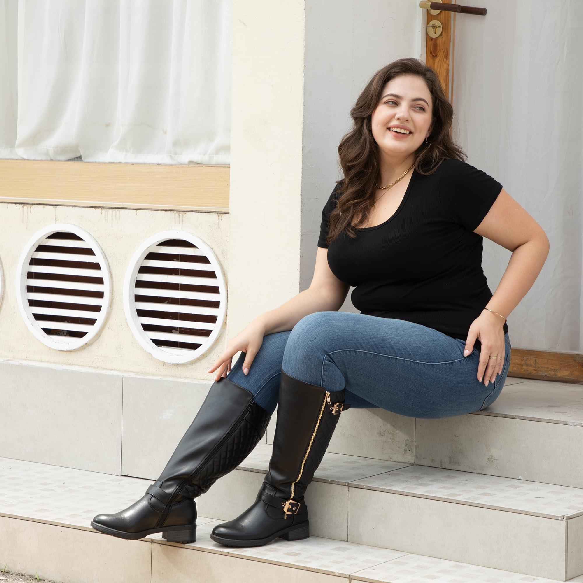 Botas de montar hasta la rodilla extra anchas para mujer, estilo retro, con doble hebilla, estilo chic, para otoño