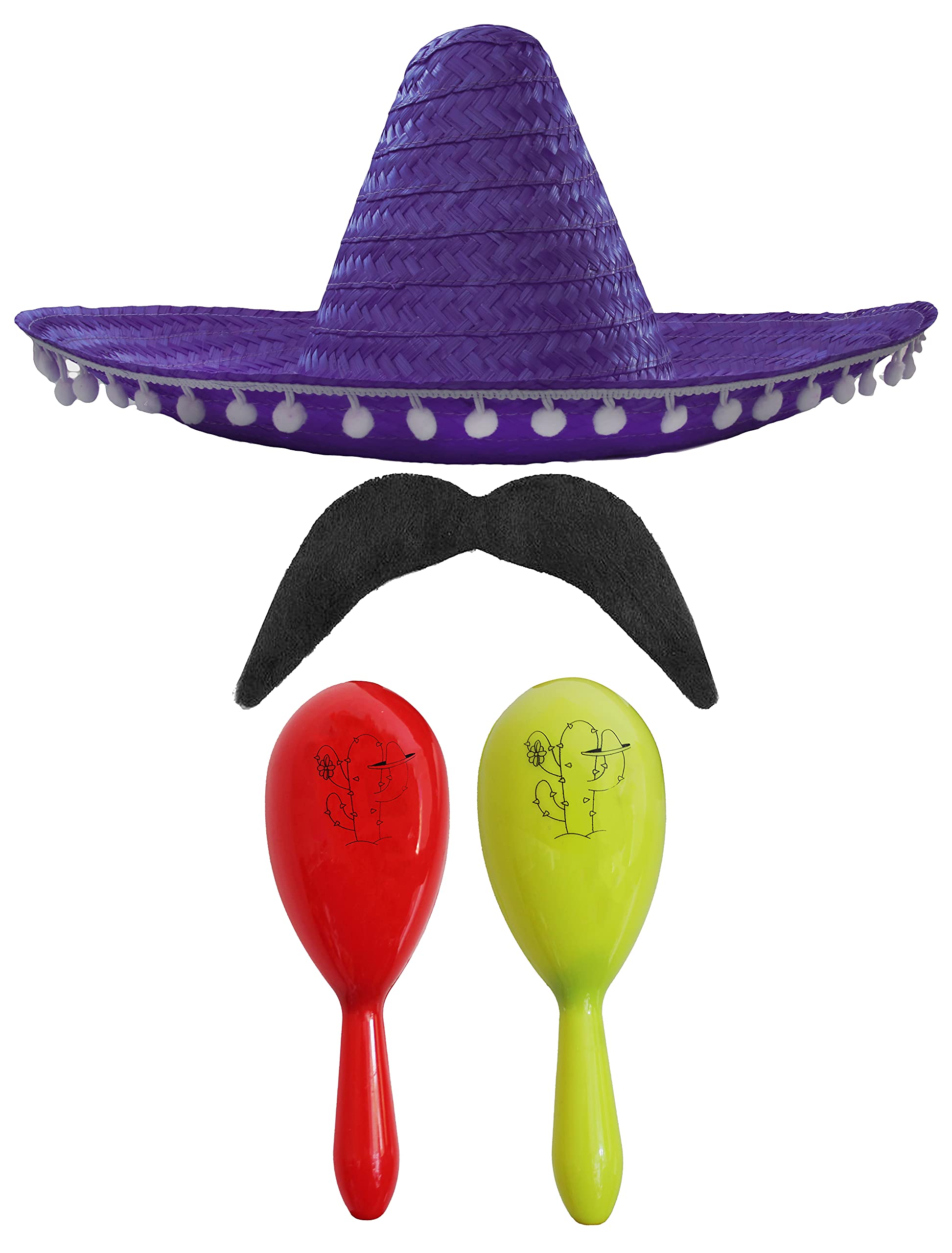 Adults Mexican Accessory Set - Natural Mexican Sombrero, Red & Yellow Maracas, Moustache - Mexican Cinco de Mayo Sensorita Bandit Mariachi Fancy Dress Costume Accessory Set