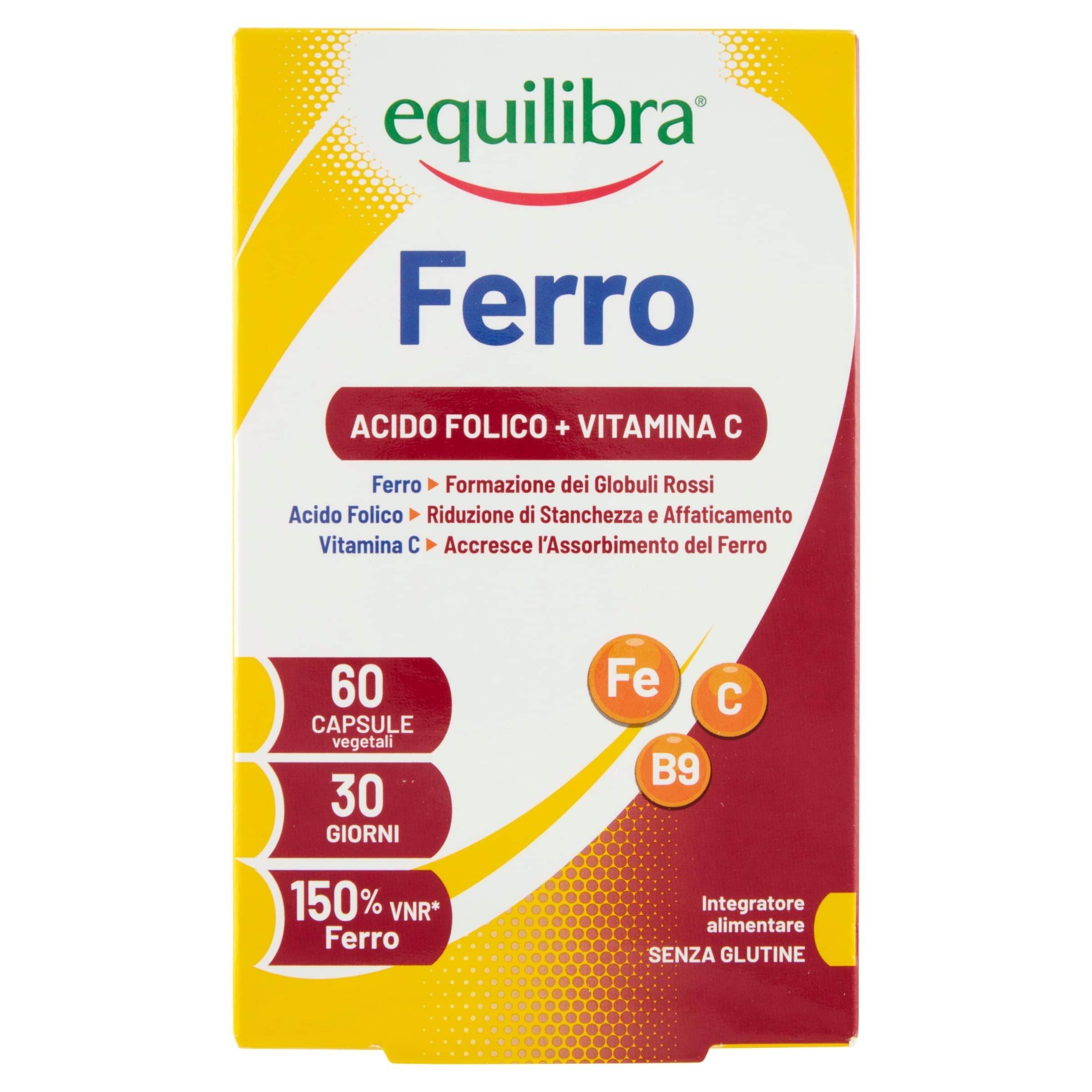 equilibra Integratori Alimentari, Ferro con Acido Folico + Vitamina C, Integratore a Base di Ferro, per la Normale Funzione dei Glubuli Rossi e dell'Emoglobina, 60 Capsule Vegetali