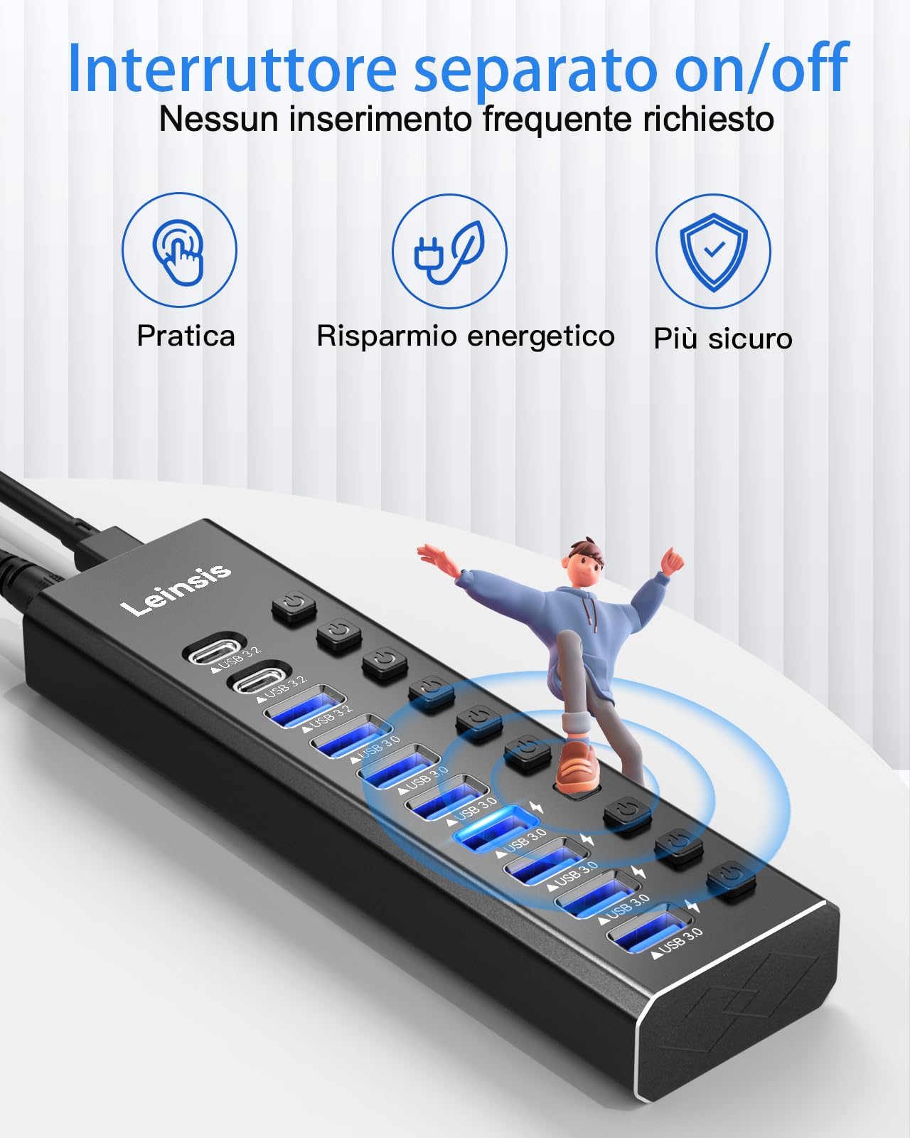 LEINSIS - Hub USB 3.2 a 10 porte USB 3.2/USB C Hub (10 Gbps USB-A 3.2 +2 USB-C 3.2 + 7 porte USB 3.0) con interruttori di accensione/spegnimento individuali e adattatore di alimentazione da 12 V, Hub
