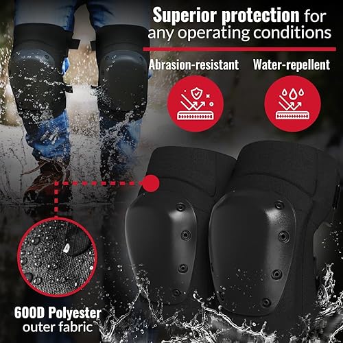 Miniatura 6 de PRO - Rodilleras estilo constructor con 3 niveles de protección, color negro, 1 par, tapa de plástico de soporte plano y cierres ajustables