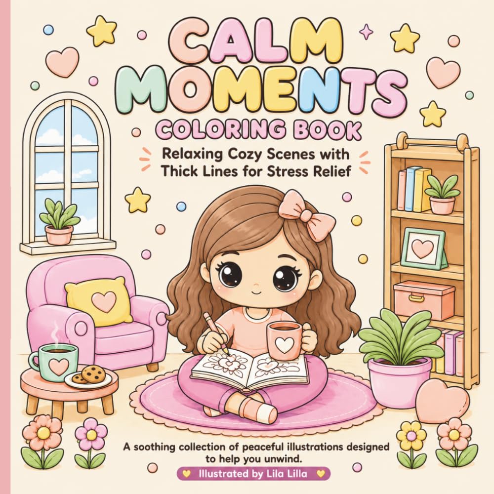 CALM MOMENTS COLORING BOOK: Relaxing Cozy Scenes with Thick Lines for Stress Relief