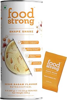 Foodstrong Whey Isolate Protein Powder, Grass-fed, 100% Whey, Shape Shake Kesar Badam Flavour, 26.2g Protein, With Turmeric, Green Tea, Green Coffee & Digestive Enzymes, 16 sachets, 528g