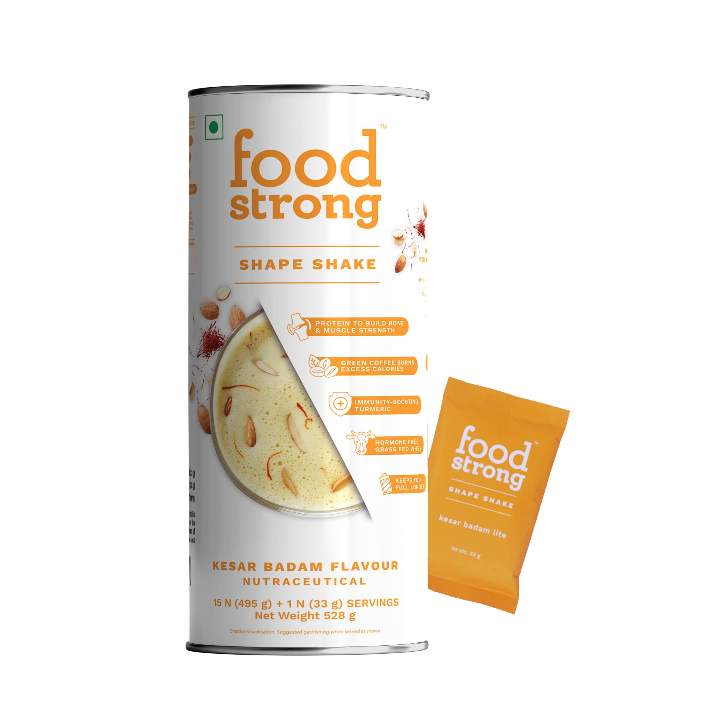 Foodstrong Whey Isolate Protein Powder, Grass-fed, 100% Whey, Shape Shake Kesar Badam Flavour, 26.2g Protein, With Turmeric, Green Tea, Green Coffee & Digestive Enzymes, 16 sachets, 528g