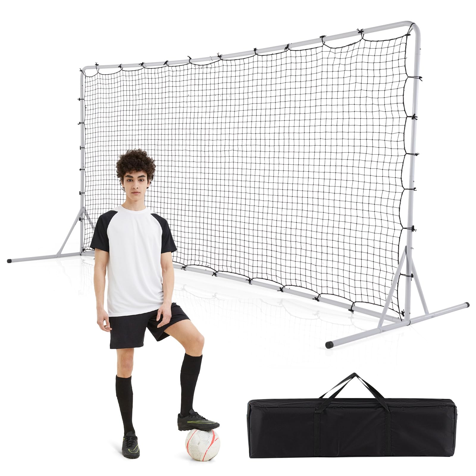 COSTWAY Portable Football Rebounder Net, 12ft x 6ft Soccer Training Equipment with Carry Bag and Ground Stakes, Metal Frame Soccer Goal Net for Backyard, Playground & Park (White)
