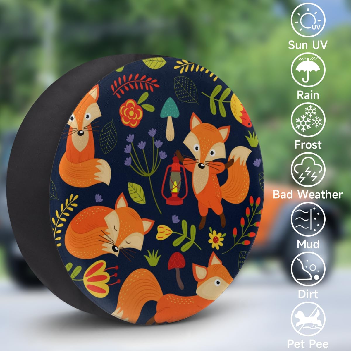 Funny Cartoon Fox Tire Covers Portable Spare Tire Cover Soft Durable Waterproof Dustproof 3 Sizes 14 15 16 Inches for Car Truck SUV Trailer Camper