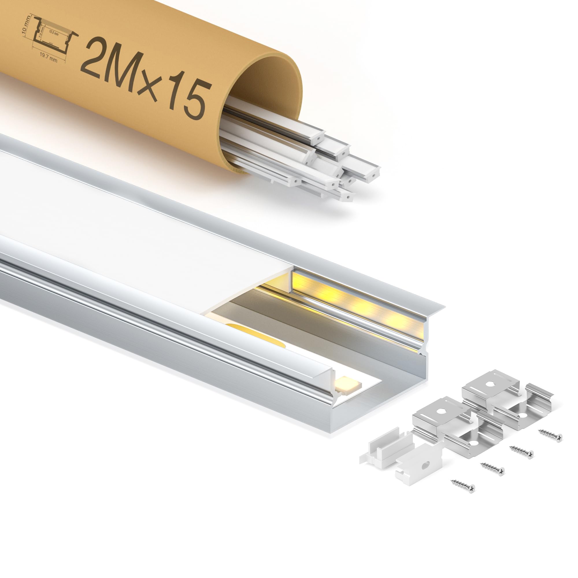 GEEKLUX 10 x Profili per Strisce LED da 2 m in Alluminio (Totale 20 m (WJ008_(26,7 X 10mm)_U_LED≤15mm, 15 x 2m_(30m))