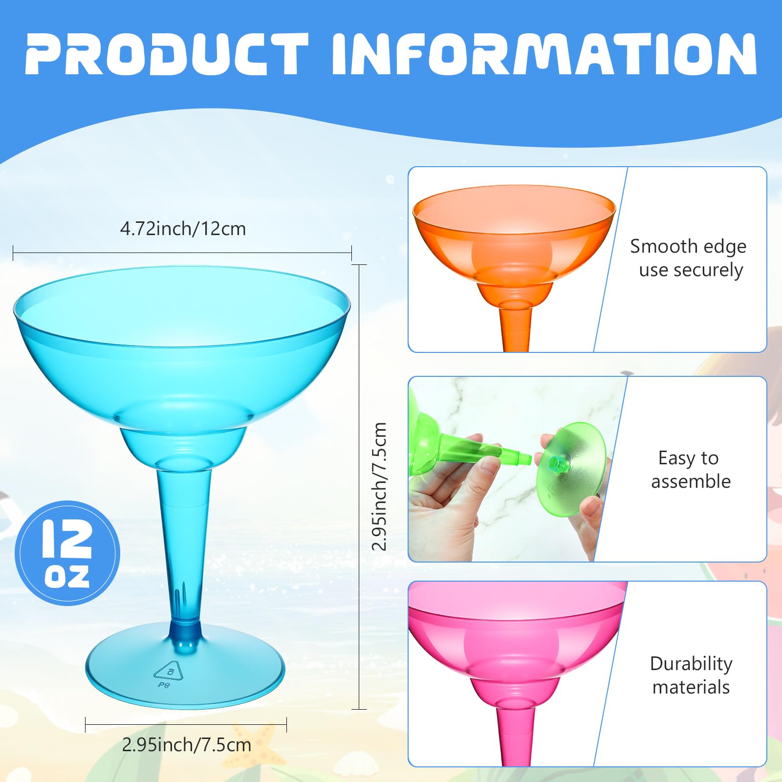 ywmigl 12 Pcs Plastic Margarita Glasses 12 oz Margarita Cups Mexican Theme Party Decorations Martini Glasses Bulk Cocktail Glass for Wedding Mexican Theme Carnivals (Multicolor)