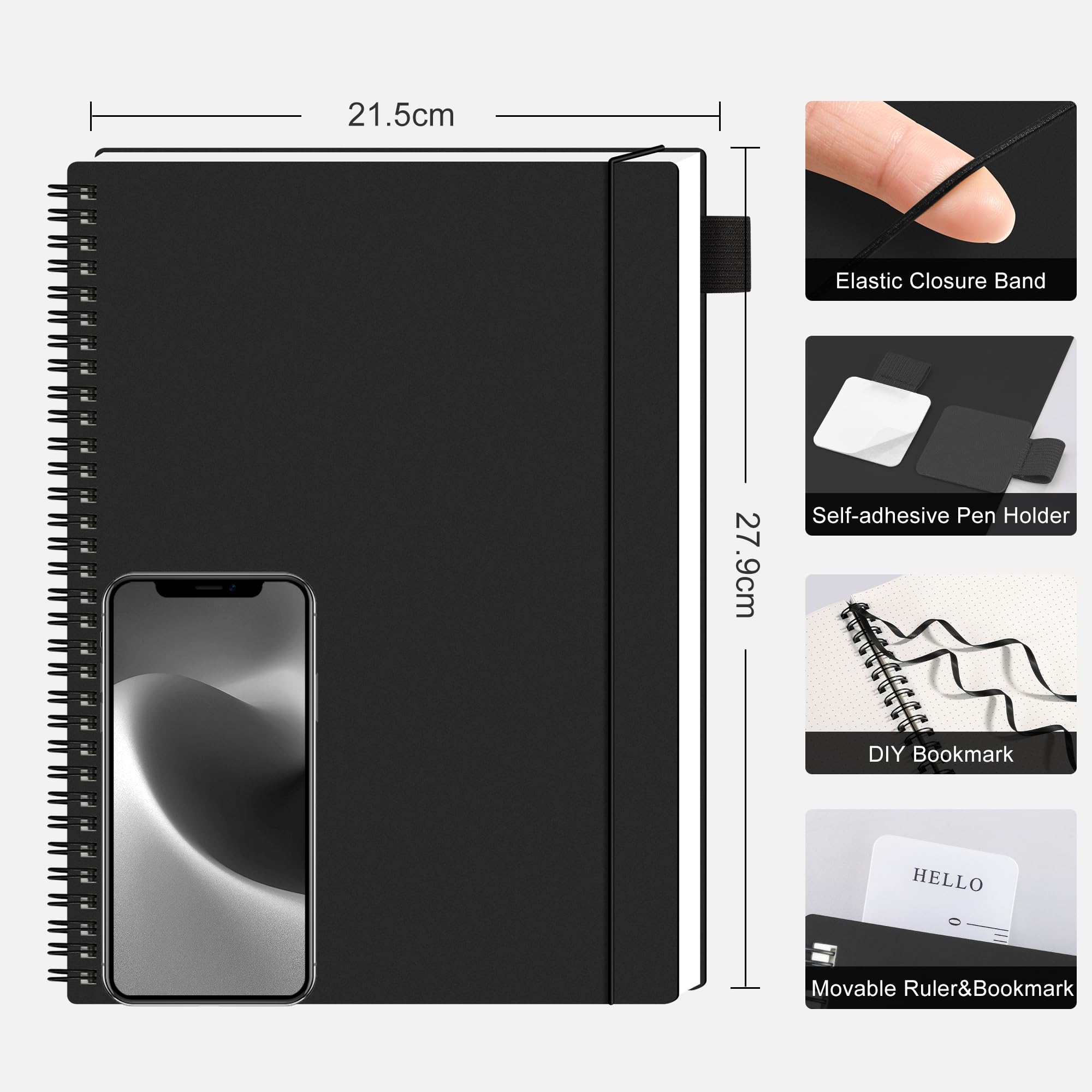 RETTACY A4 Notebook Bullet Dot Journal, Grid Dotted Notebook 110Pages /55 Sheets for Writing,Notepad with PVC Pocket - Image 2