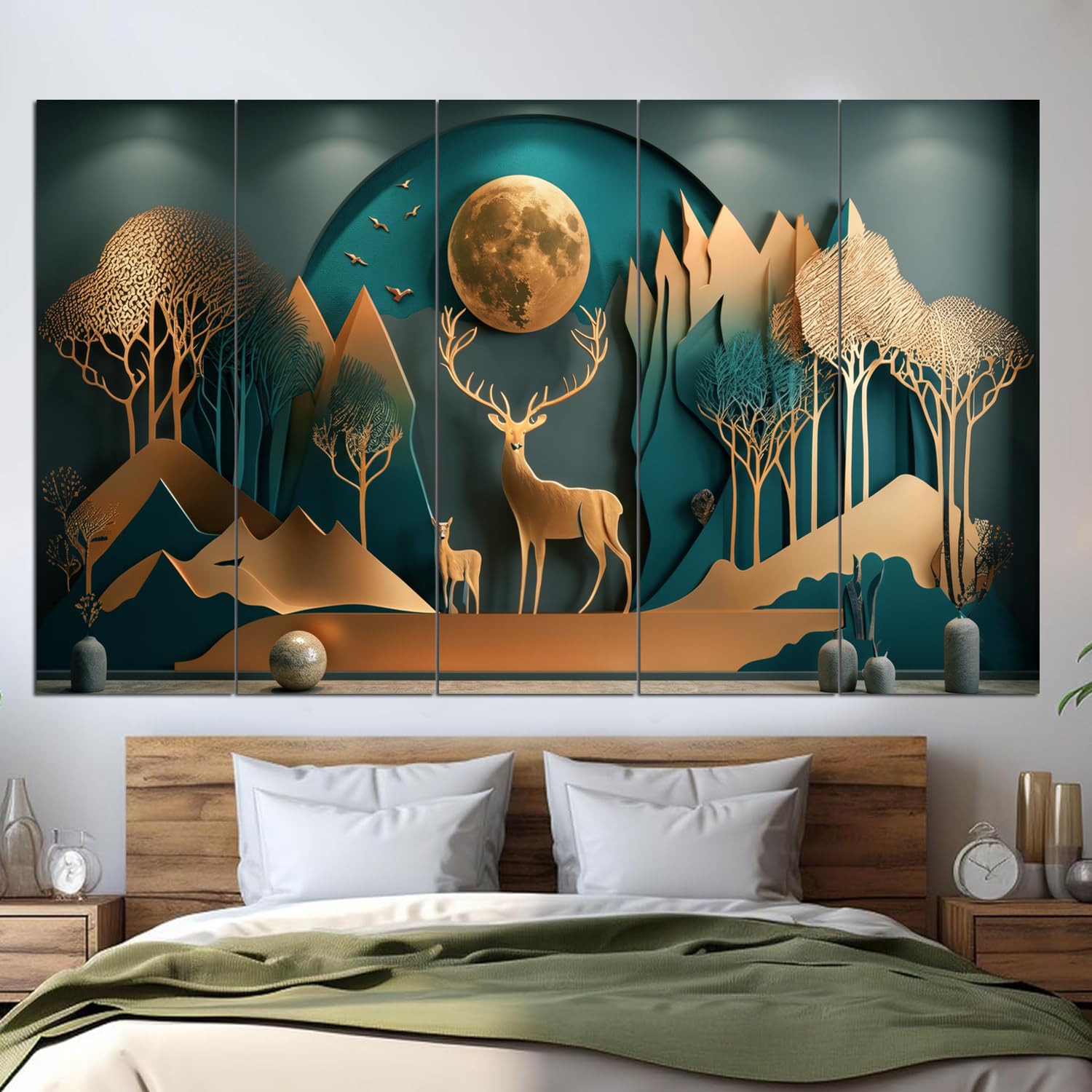 Maxstone Goldan Deer Wall Painting Vastu Painting For Living Room,bedroom,Office Wall Painting Multiple Panals,Big Size (30x60 inch) M1387-image-10