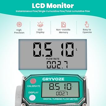 1 Inch Digital Turbine Fuel Flow Meter, 2.6-26 GPM Inline NPT Thread Flowmeter with 3/4 in Adapters for Water, Diesel, Gas Oil, Gasoline, and Other Liquids - Supports Gallon, QTS, PTS, L, m3