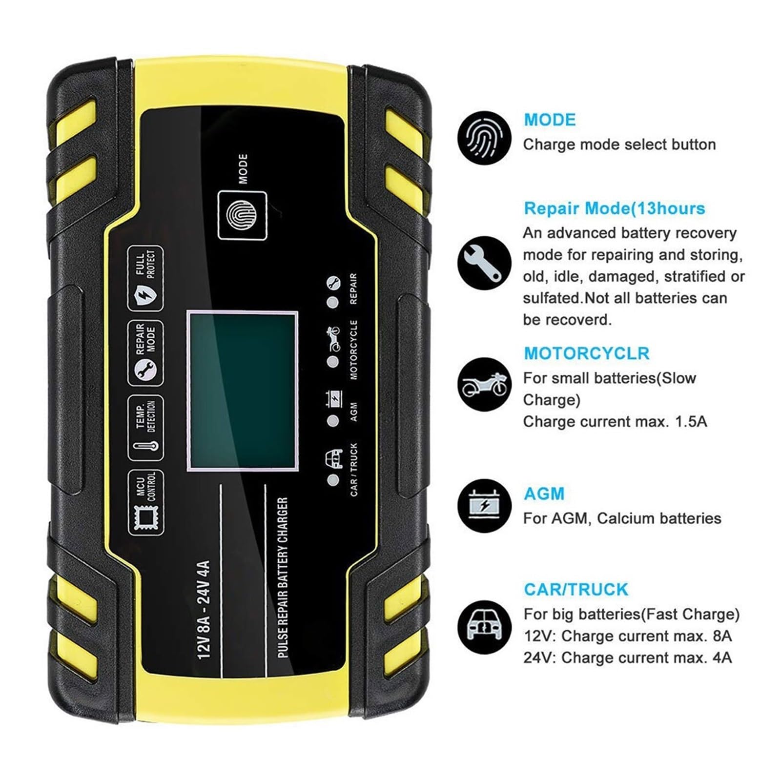 Ładowarka Samochodowa 12/24V Ekran Dotykowy Naprawa Impulsów LCD Do Motocykla Samochodowego Akumulator Kwasowo-ołowiowy Żel Na Mokro Wydajne Szybkie ładowanie