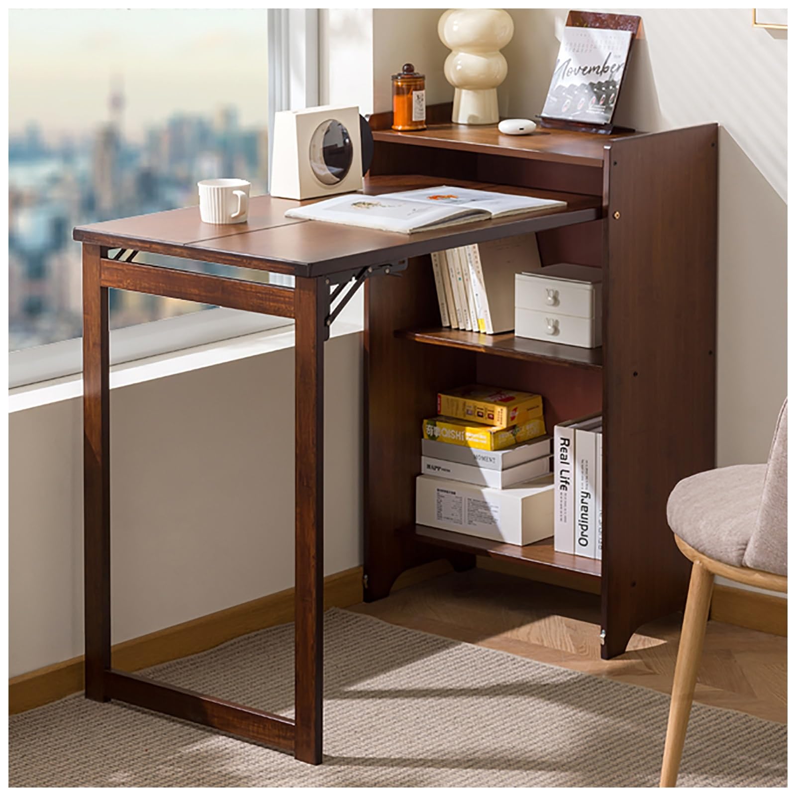 Bureau pliant en bambou avec étagère et rangement discret pour chambre