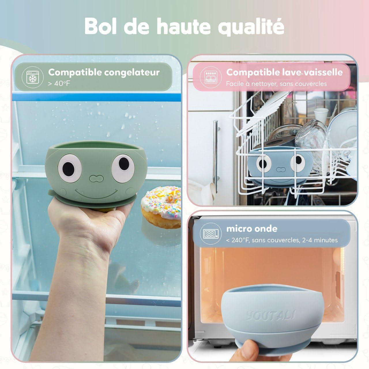 Ensemble de 3 Bols Ventouse Pour Bébé en Silicone Alimentaire, Rose, Vert Et Bleu Avec Smiley, Pour Une diversification alimentaire bébé Sans BPA, Micro-Ondable Et Lave-Vaisselle