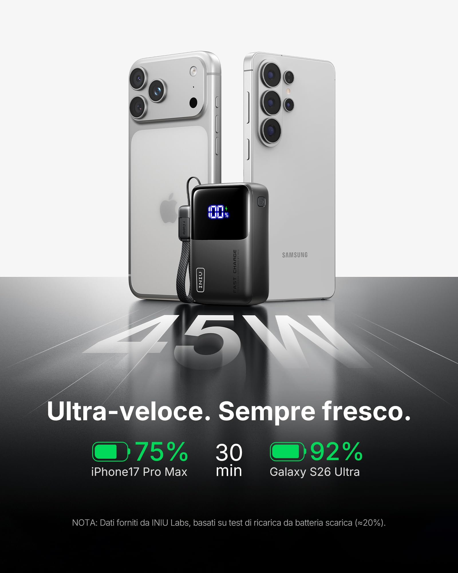 INIU Power Bank, Ultra Mini 45W Ricarica Rapida 10000mAh Powerbank con Cavo USB C Staccabile, Idoneo per Volo, Essenziali da Viaggio, Caricatore Portatile per iPhone 17 16, Samsung, Xiaomi, iPad ecc.