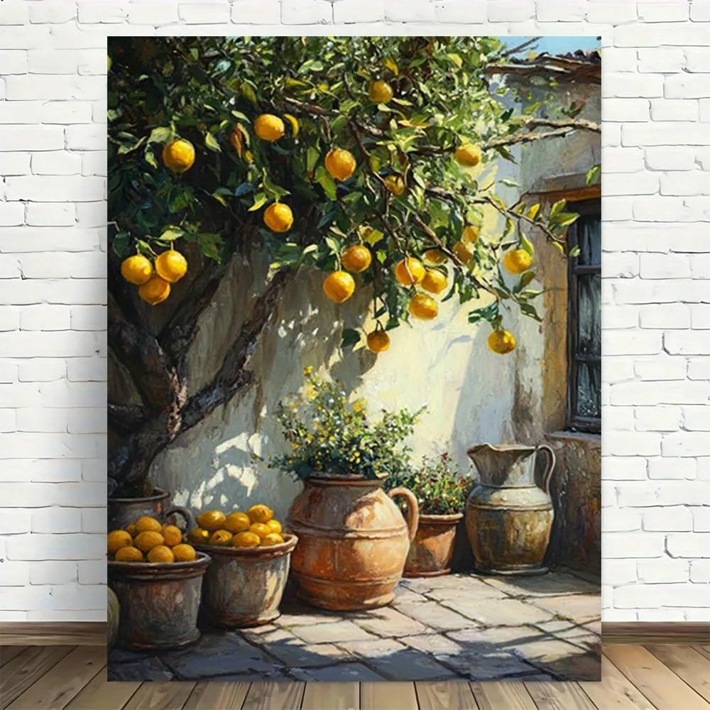 GOSRD Canvas Prints Artwork Lemons A Tree In Pots Vintage Printed Poster For Home Office Decor(60x90CM/Frameless)