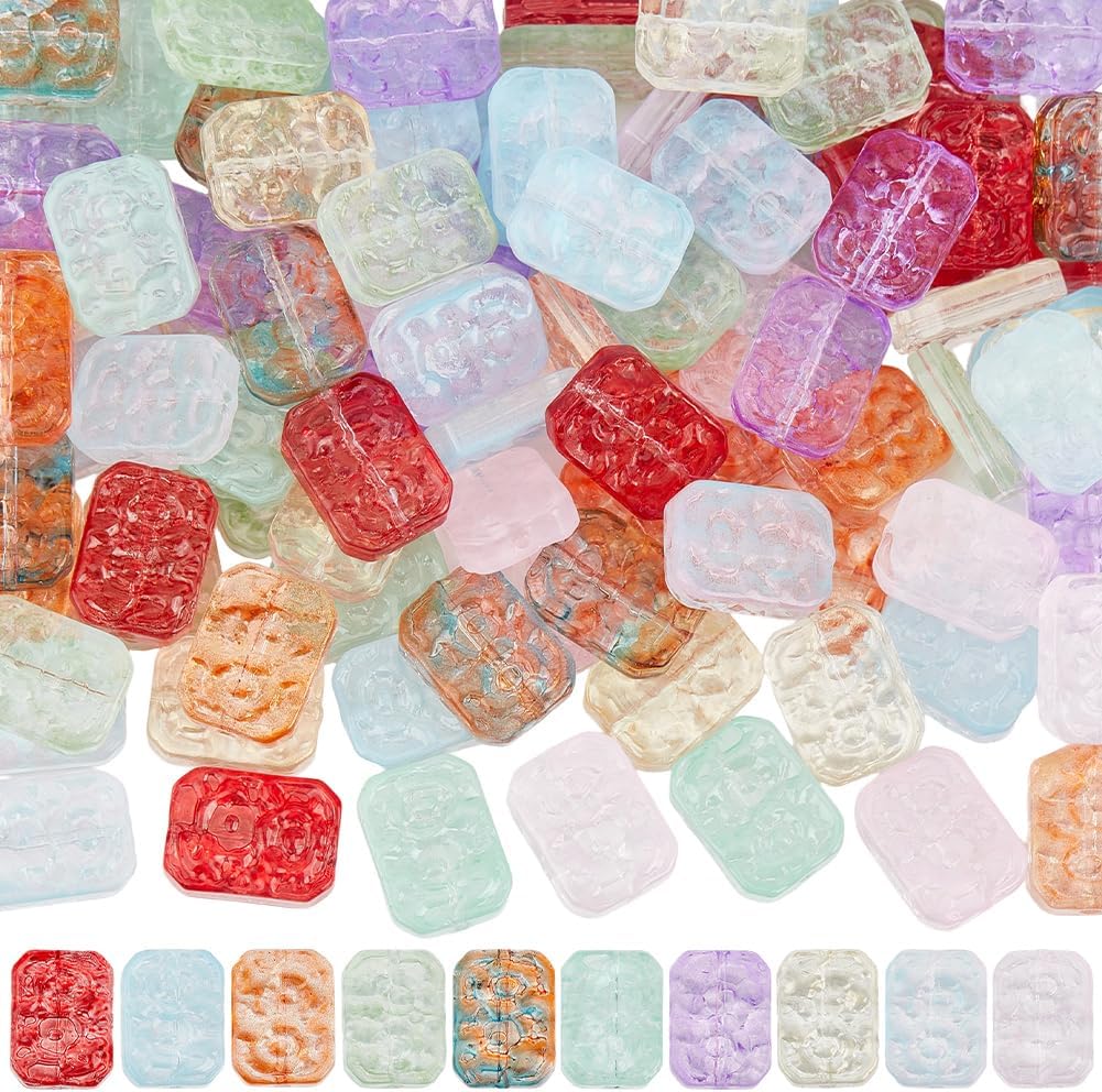 1 Box 100PCS 10 Colors Rectangle Glass Beads Red Blue Green Transparent Spray Painted Flat Crystal Clear Textured Loose Spacer Bead Charm Bulk for Jwelry Making Necklace Earrings DIY Craft