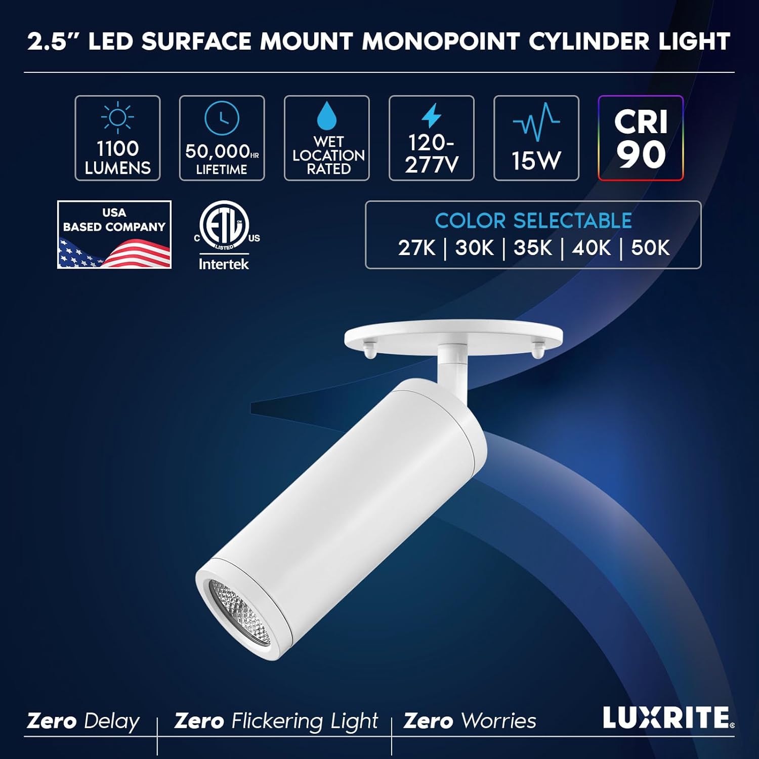 LUXRITE 2.5-Inch LED Cylinder Ceiling Light, Adjustable Directional Spotlight, 5CCT 2700K-5000K Selectable, 1100LM, CRI90, 15W, Dual Dimmable (TRIAC/0-10V), 120-277V, IC Rated, ETL Listed, White