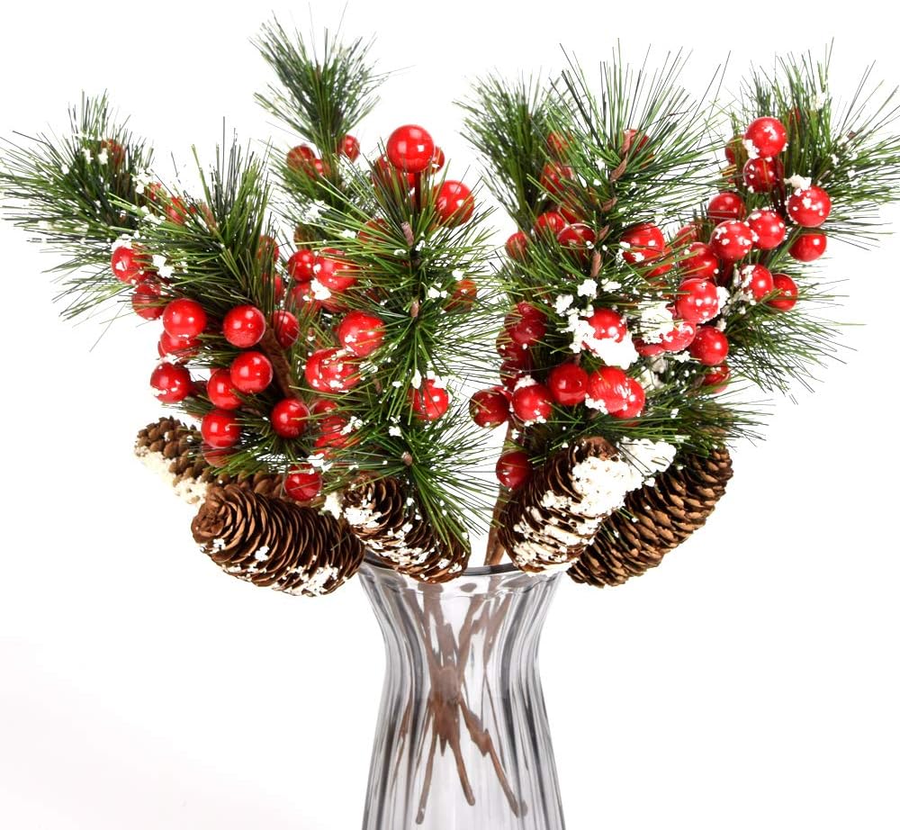 YSBER 8 Pieces -13 Inch Artificial Berries Branch Plastic Fake Flowers –Snow Flocked Red Holly Berry Pine Cone for DIY Christmas Crafts Party Festive Home Décor