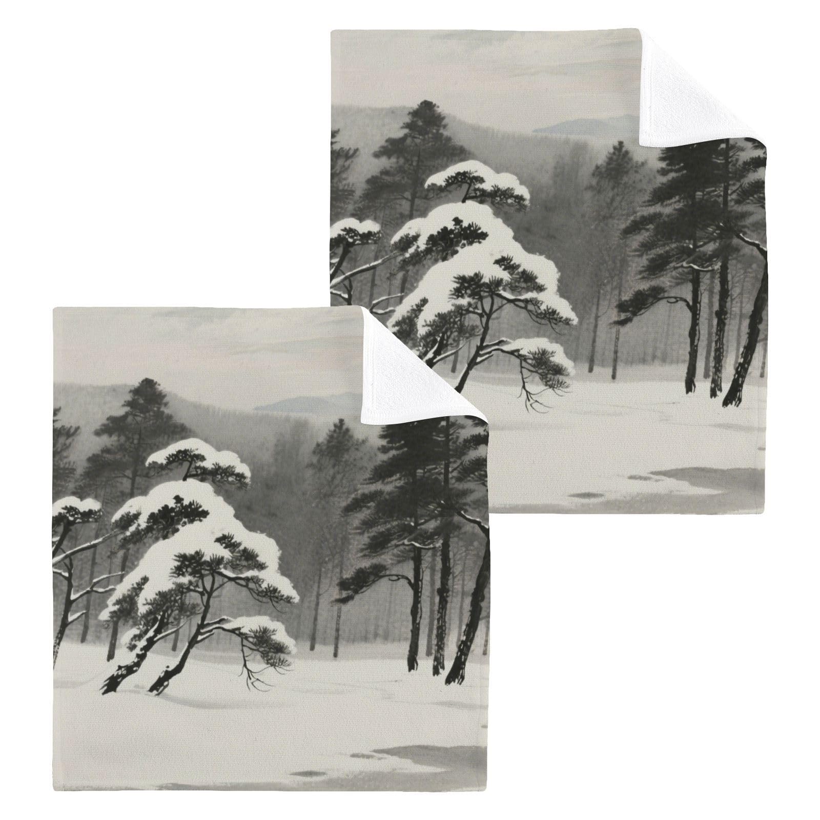 susiyo Winter Snowy Forest Scenery Washcloth Set of 2 Cotton Small Face Towel, 12 x 12 inch