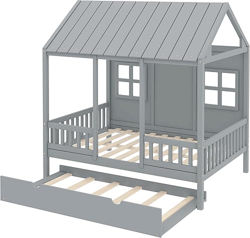 Miniatura 183 de Cama de casa de tamaño individual con 2 cajones, marco de cama de madera y barandilla de seguridad. Ahorra espacio, ideal para el dormitorio de un