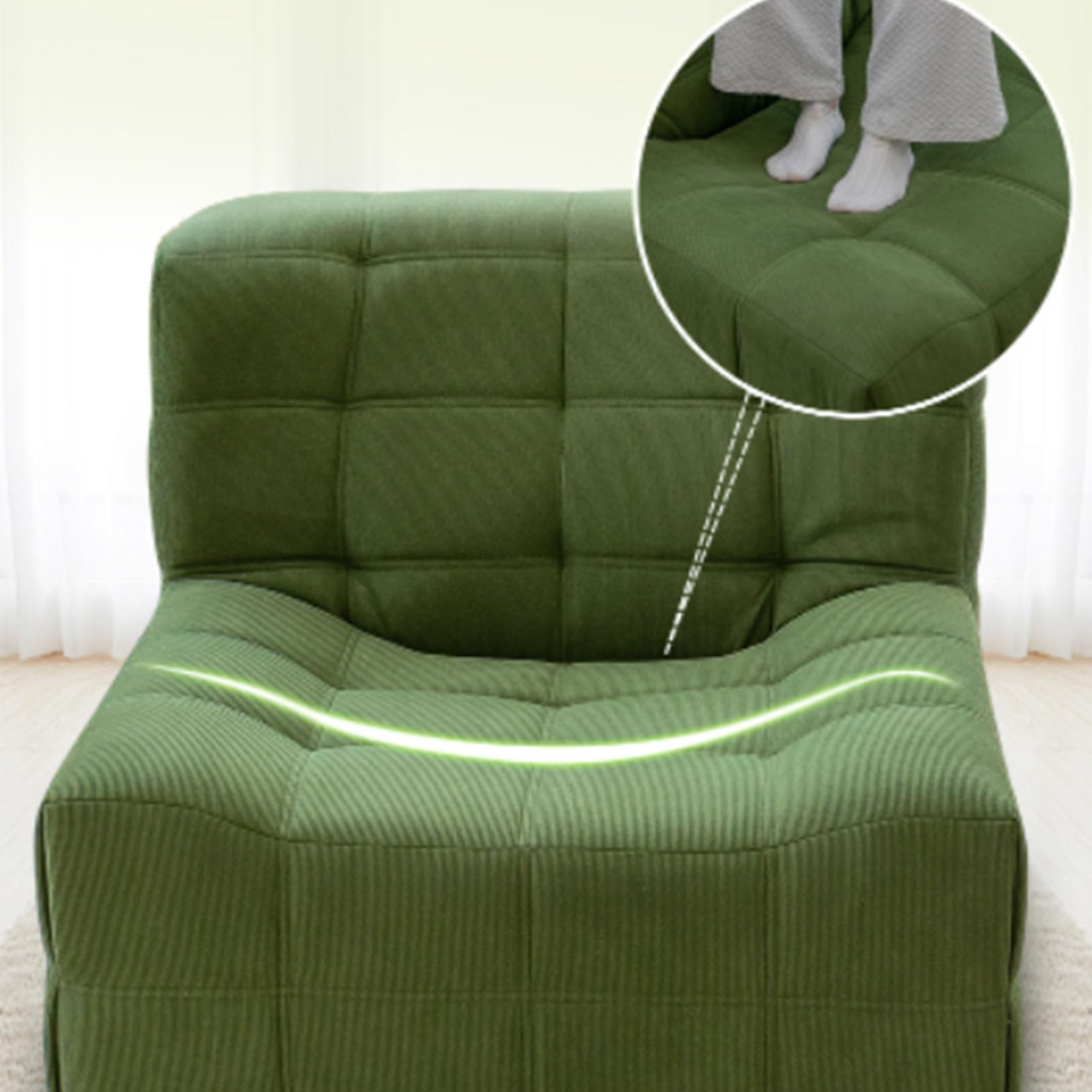 Lazy Floor Sofa für Wohnzimmer, Cord-Sofa ohne Armlehnen im Retro-Stil, dekoratives, gemütliches Sofa für den Innenbereich, Schaumstoff-Sofa-Akzentstuhl für Wohnzimmer, Schlafzimmer und Büro, Grün