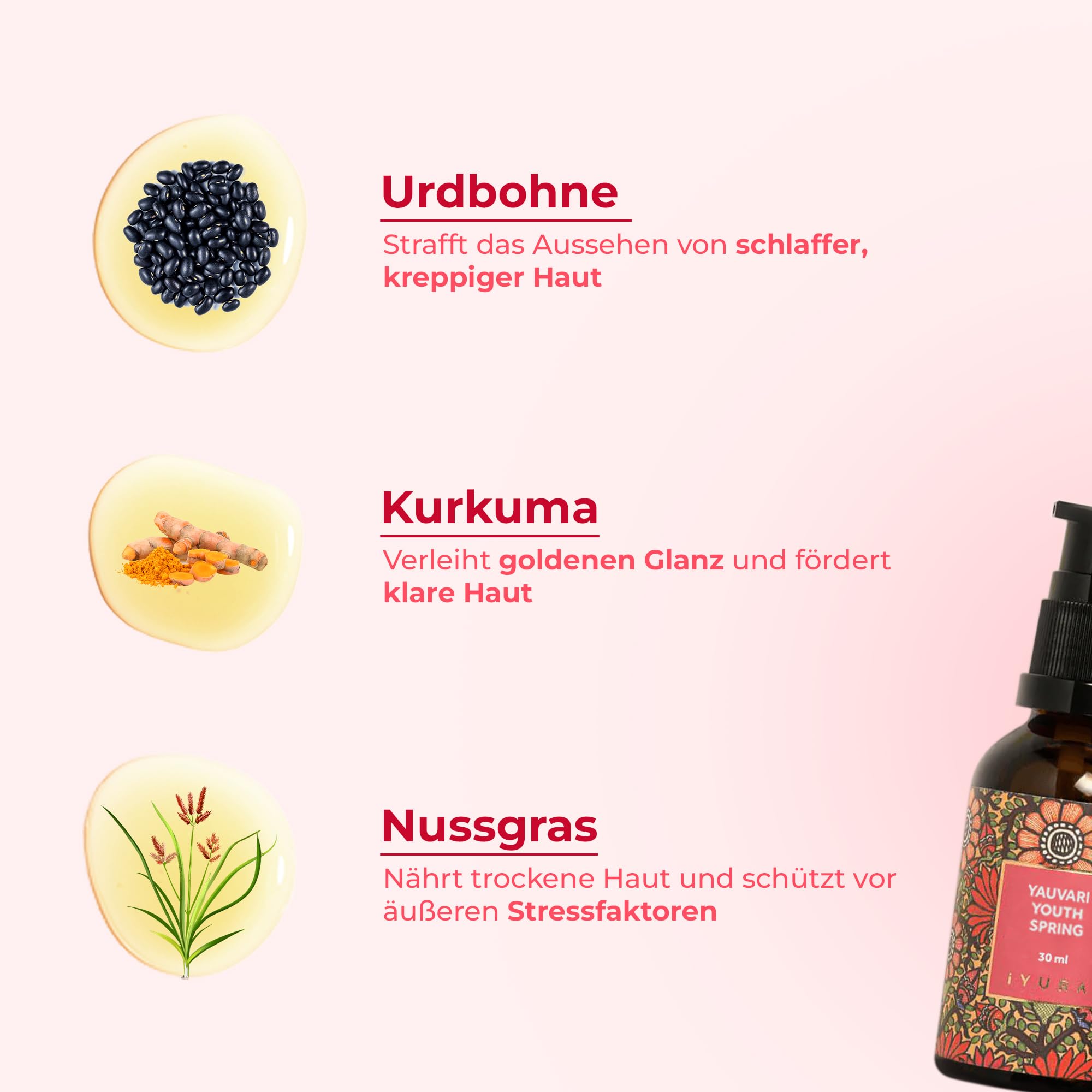 iYURA Yauvari Youth Spring | Vegane Gesichtsöl für trockene, alternde Haut | Hals-Gesichts-Dekolleté-Serum mit schwarzen Urdbohnen | Reduziert das Erscheinungsbild von feinen Linien und Falten | 30ml