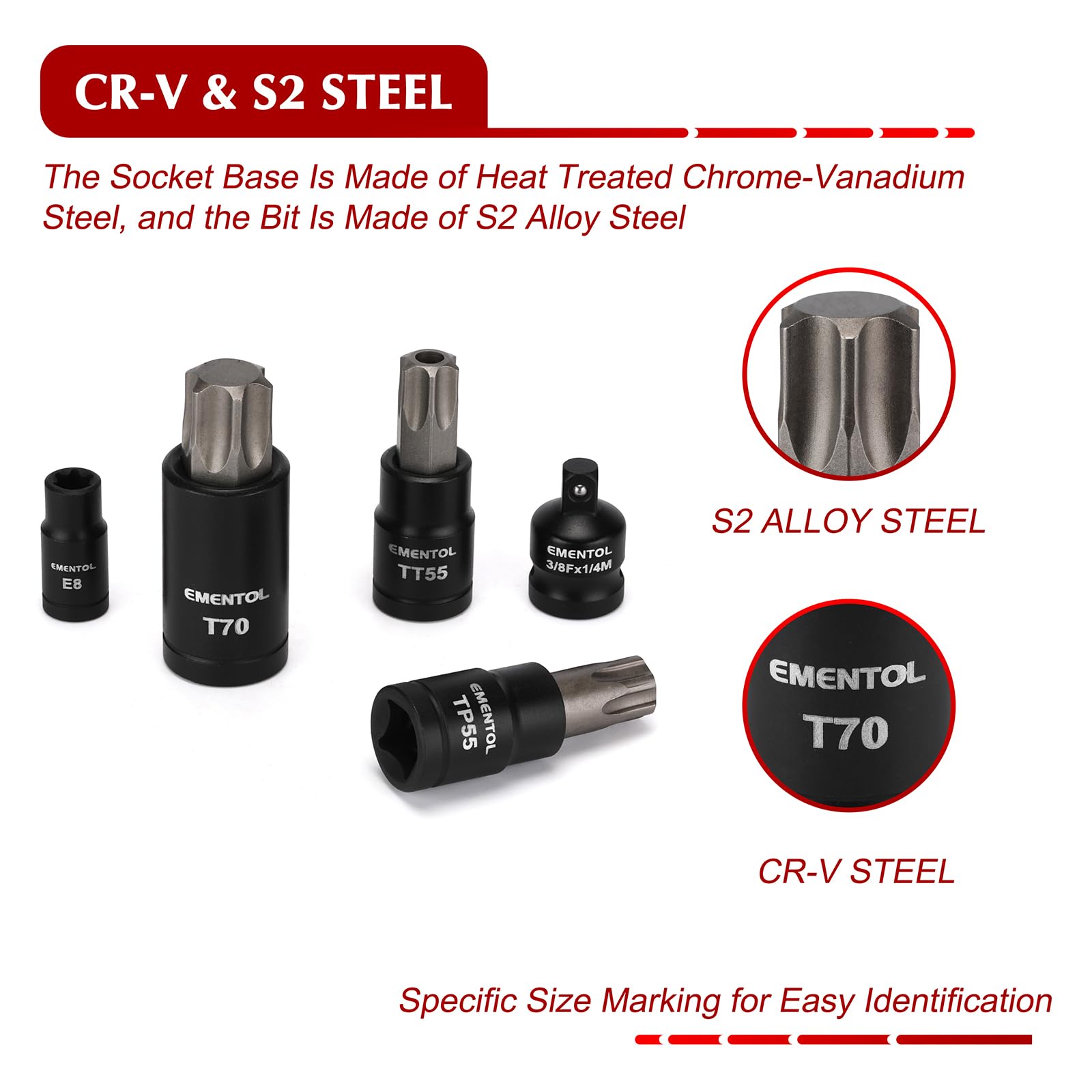 EMENTOL Juego de 67 llaves de vaso Torx de 1/10.2 cm 3/20.3 cm 1/5.1 cm, T6-T70, TT6-TT70, E4-E24, incluye adaptadores de enchufe, adaptadores de taladro, juego de enchufes E-TORX, acero CR-V