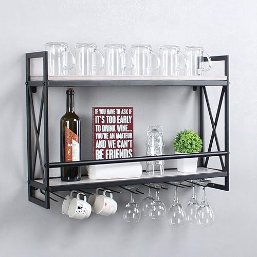 Miniatura 3 de MBQQ Estantes de vino rústicos montados en la pared con soporte de vidrio de 7 vástagos, estante de vino industrial de metal colgante de 30