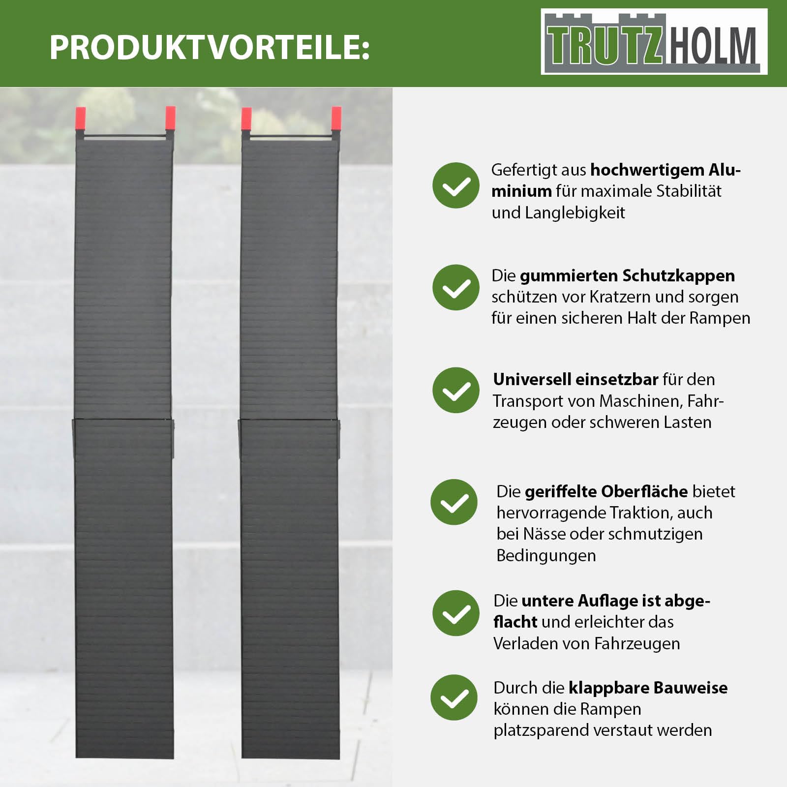 TRUTZHOLM 2X Auffahrrampe klappbar Aluminium Gesamtlänge 205 cm Traglast 680 kg geriffelte Oberfläche gummierte Auflage Rampe Motorradrampe Verladerampe inkl. 2X Spanngurt in schwarz