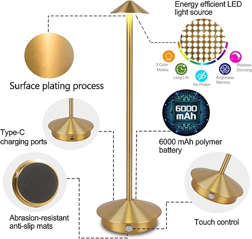 Miniatura 3 de Lámpara de mesa inalámbrica lámpara de escritorio LED portátil lámpara de mesa de noche recargable Mordern en aluminio luz de mesa regulable para