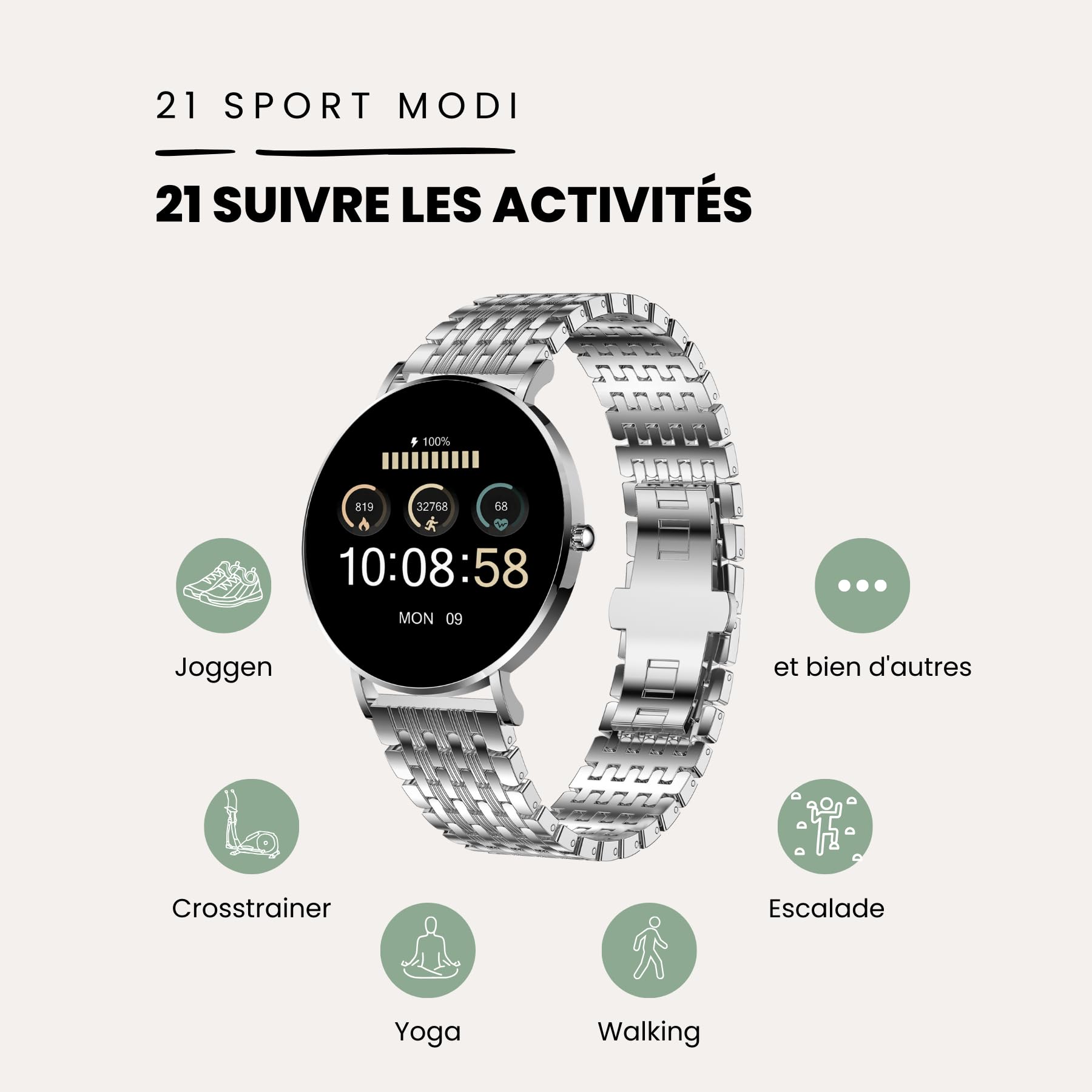 XCOAST SIONA 2 Elegance Silver - Reloj inteligente para mujer, pantalla Amoled de 1,3 pulgadas, iOS y Android, resistente al agua, ultraplano, pulso, presión arterial, oxígeno en sangre, deporte