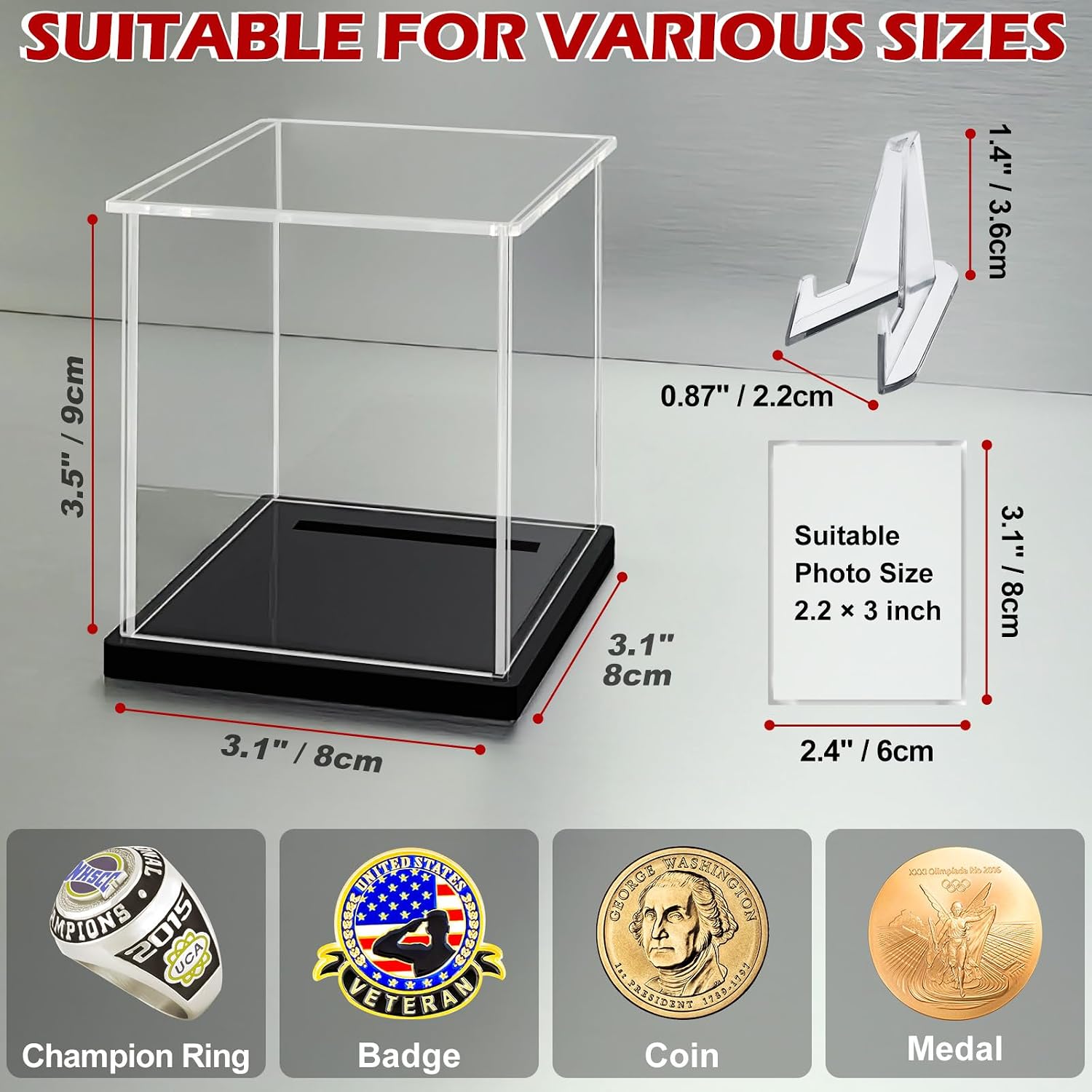 LANSCOERY Acrylic Championship Ring Display Case with 3‑Color LED Light, Dust‑Proof Door & Dual Stands + Photo Frame – Clear Memorabilia Showcase Box