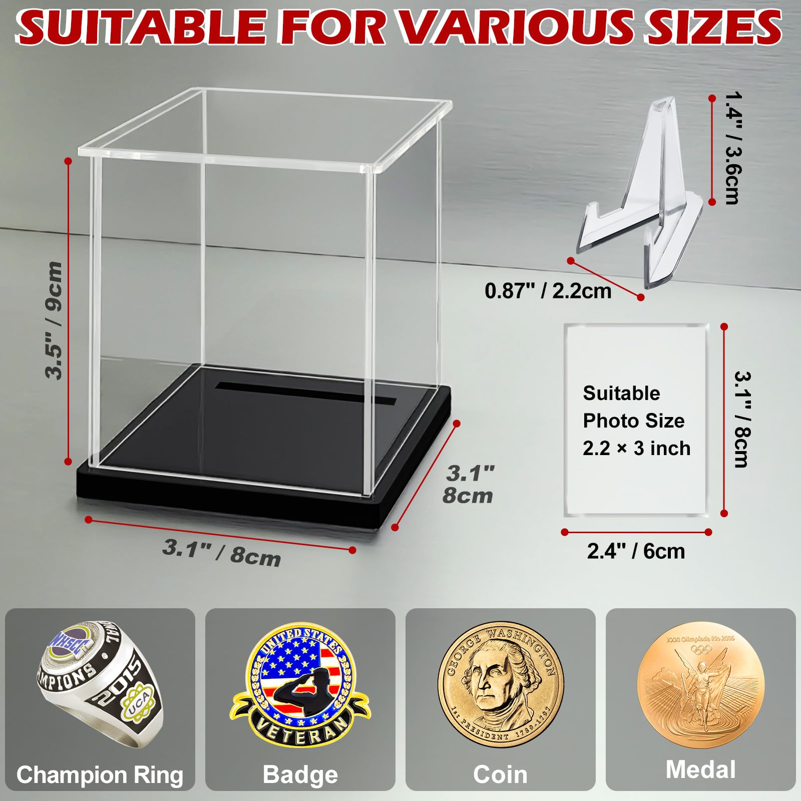 LANSCOERY Acrylic Championship Ring Display Case with LED Light, DustProof Display Box with Stand and Card Frame, Clear Memorabilia Box for Souvenir Ring