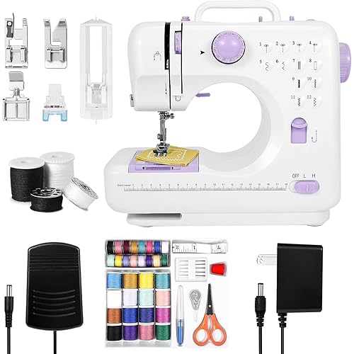 Compact Sewing Machine for Beginners – 12 Built-in Stitches, LED Light, 2 Speed Pedal, and 32 Color Threads for Home Mending & Crafting