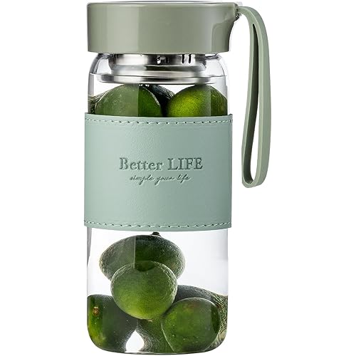 Glass tea bottle 16 oz drinking bottle with Non-Slip holster, and Stainless Tea Infuser,Leak Proof Lid,Portable glass water bottle for school, office, car home,as a gift, etc (Green)