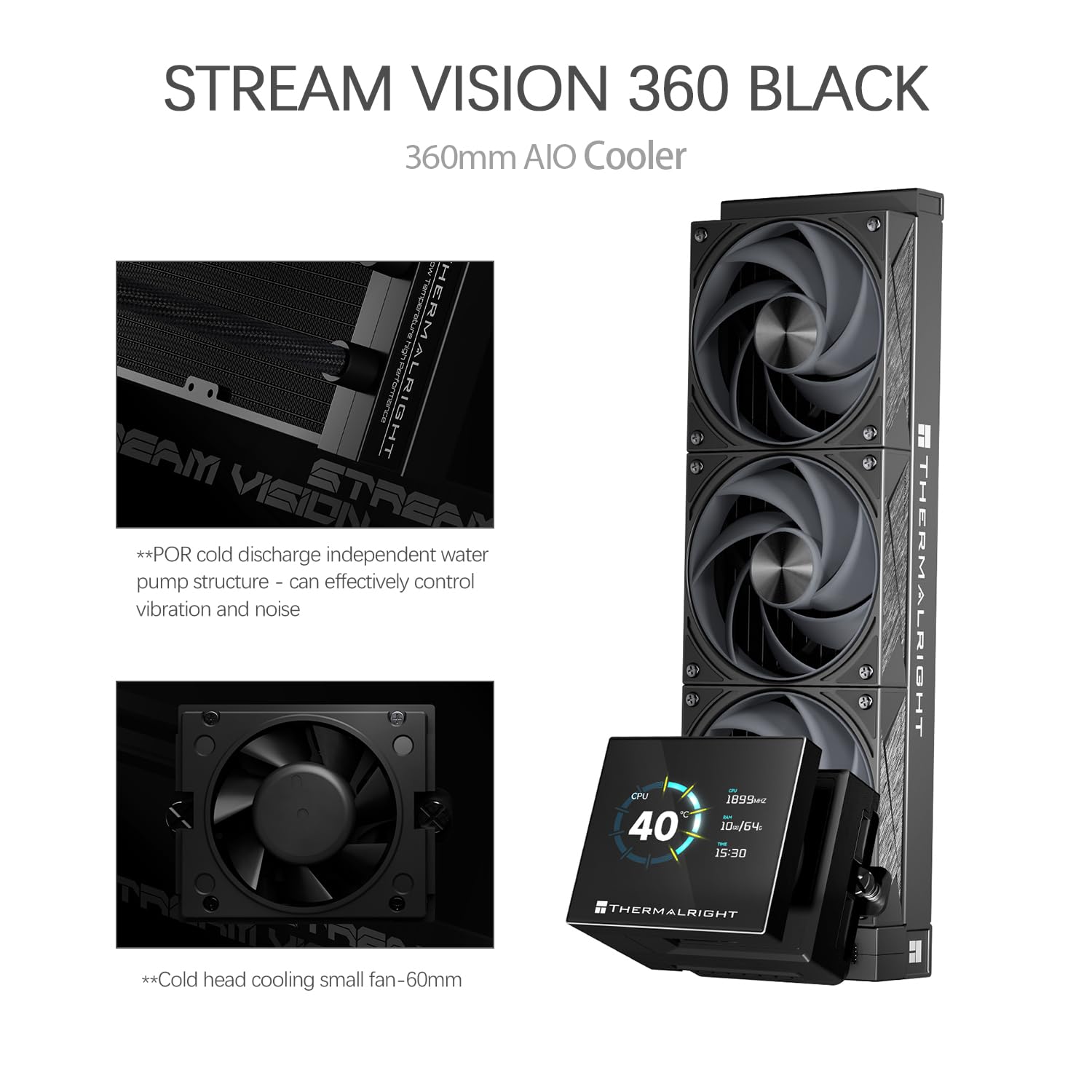 TR-Thermalright Stream Vision 360 Black Liquid CPU Cooler, schermo LCD IPS da 3,5 pollici con risoluzione 680 x 480 magnetica, testa fredda con ventola incorporata integrata, radiatore da 360 mm, per